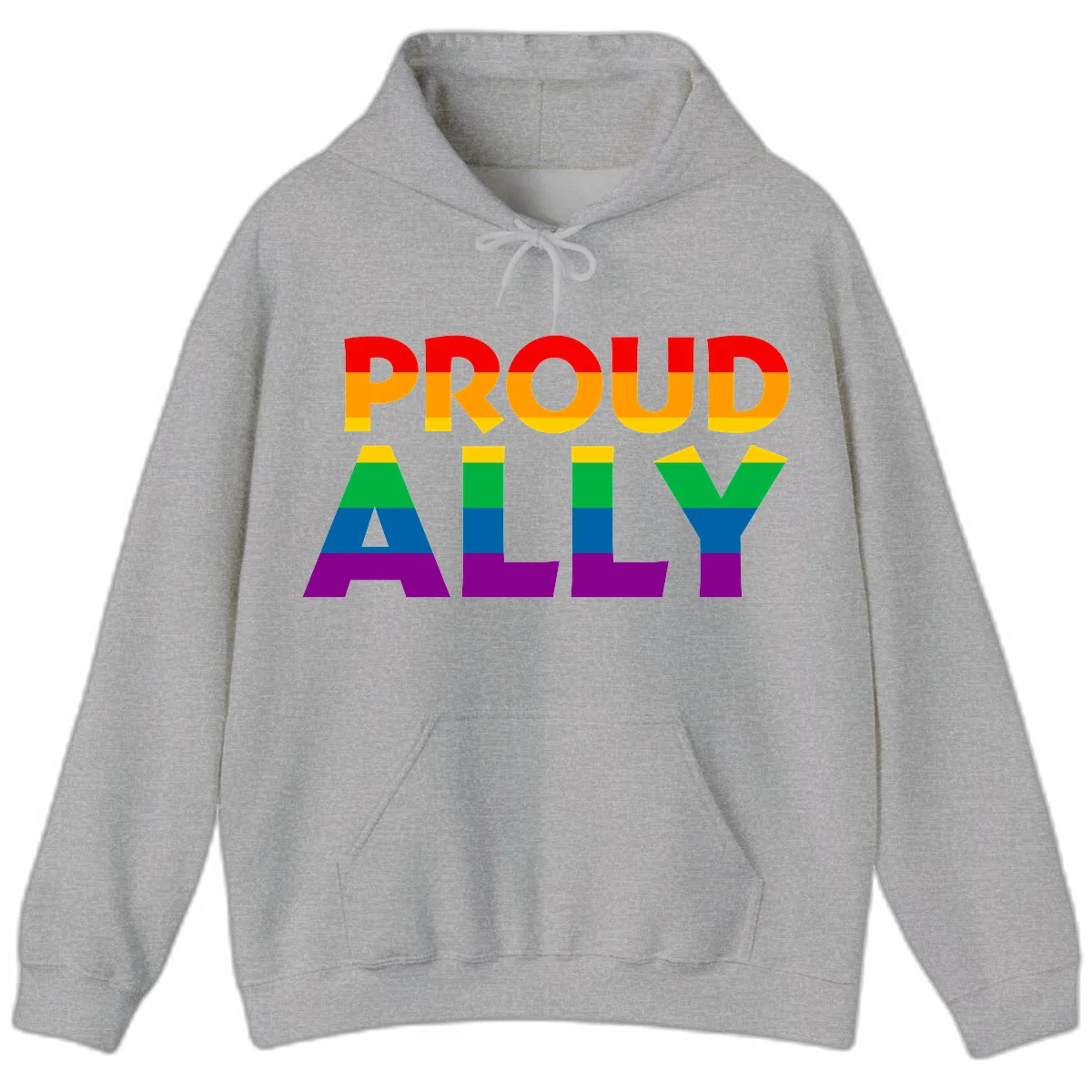 Proud Ally design with rainbow-striped letters in pride flag colors on gray background in Sport Grey