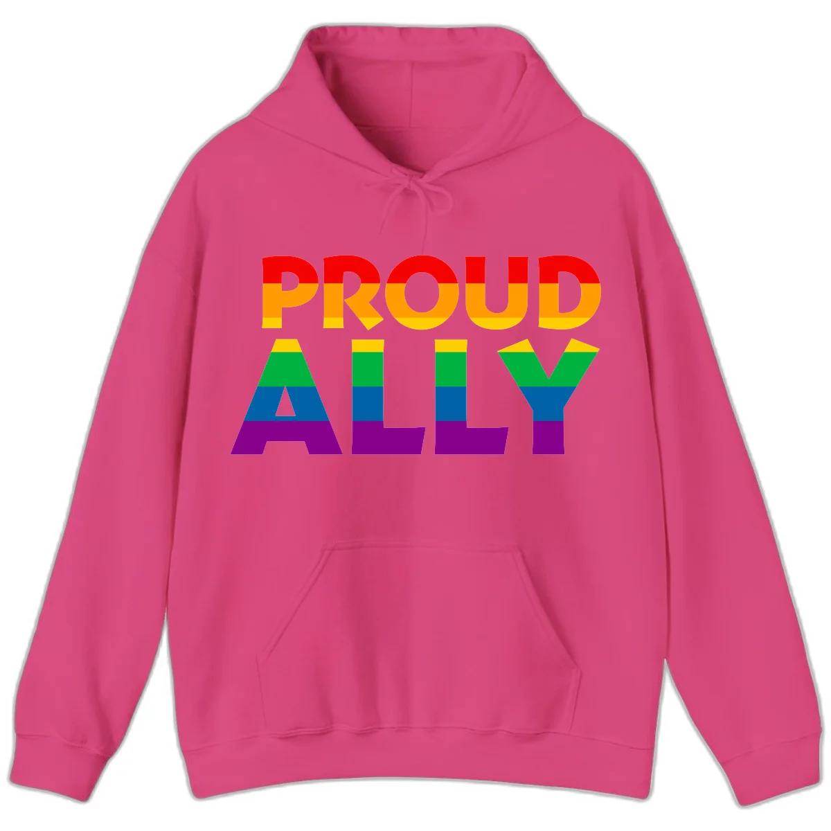 Proud Ally design with rainbow-striped letters in pride flag colors on gray background in Heliconia