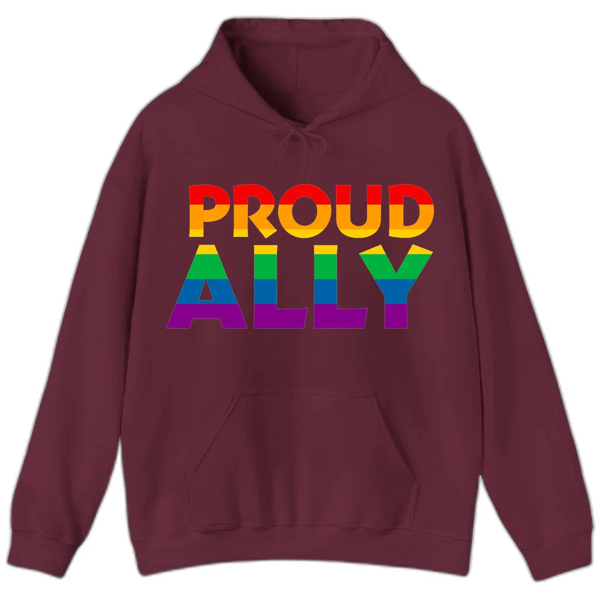 Proud Ally design with rainbow-striped letters in pride flag colors on gray background in Maroon