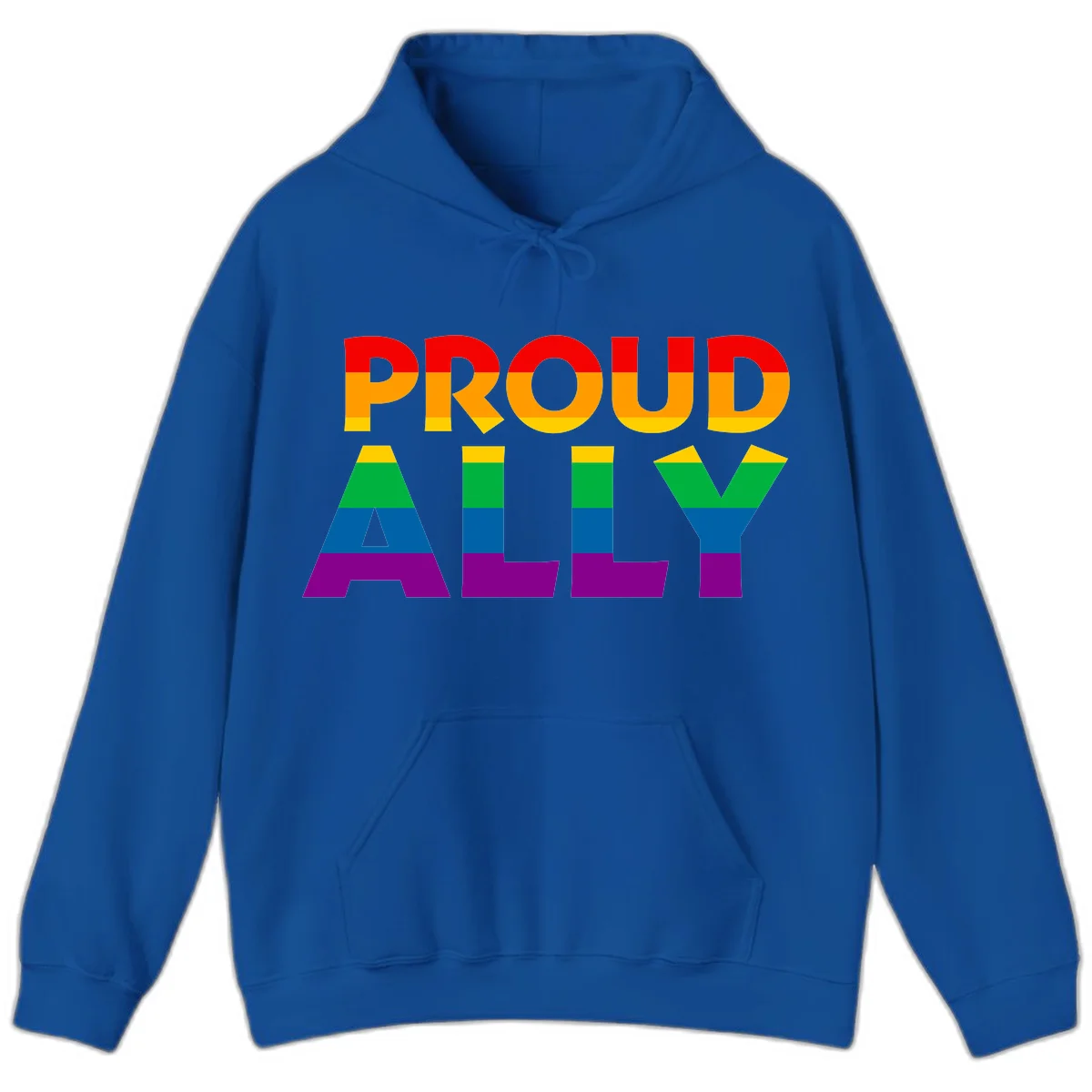 Proud Ally design with rainbow-striped letters in pride flag colors on gray background in Royal