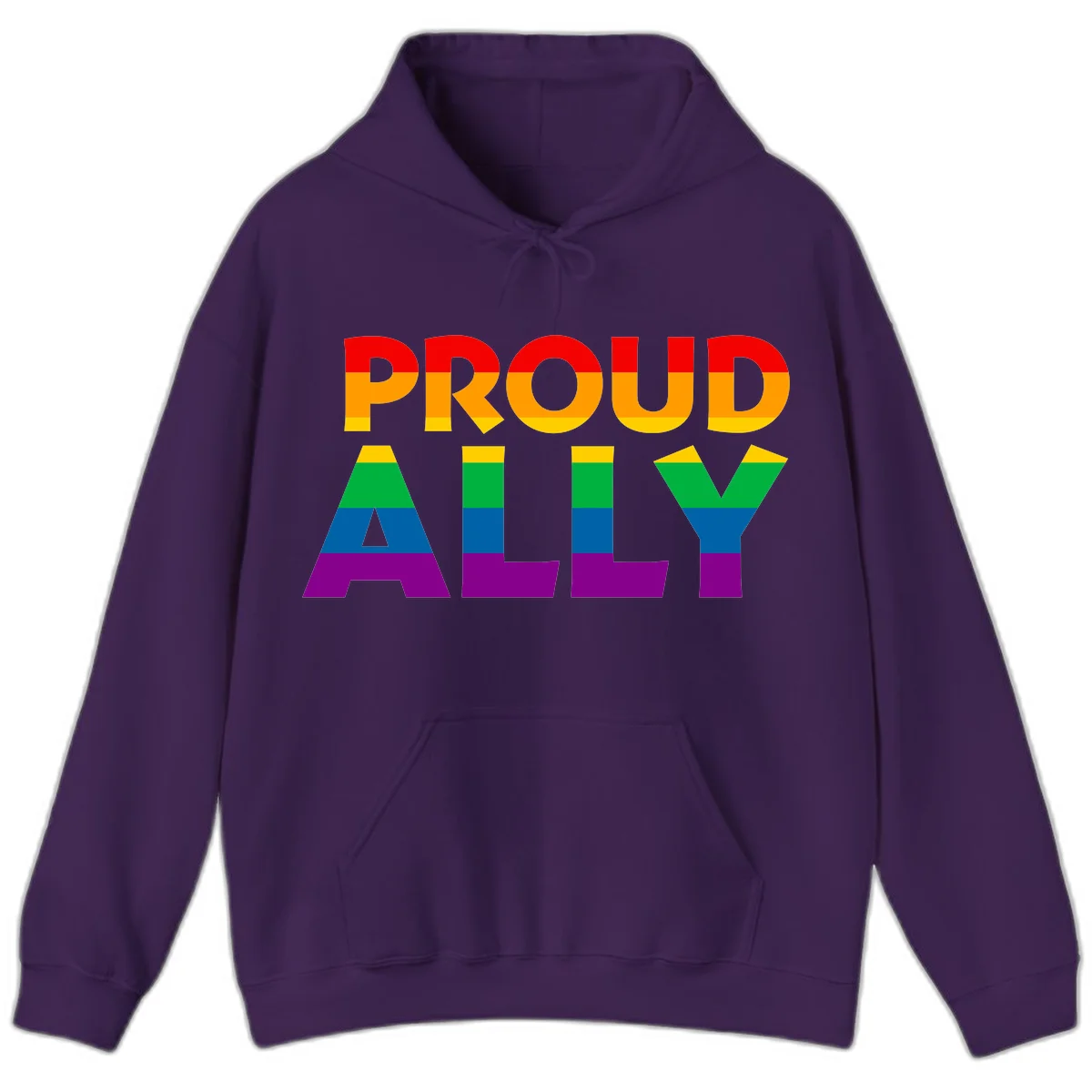 Proud Ally design with rainbow-striped letters in pride flag colors on gray background in Purple