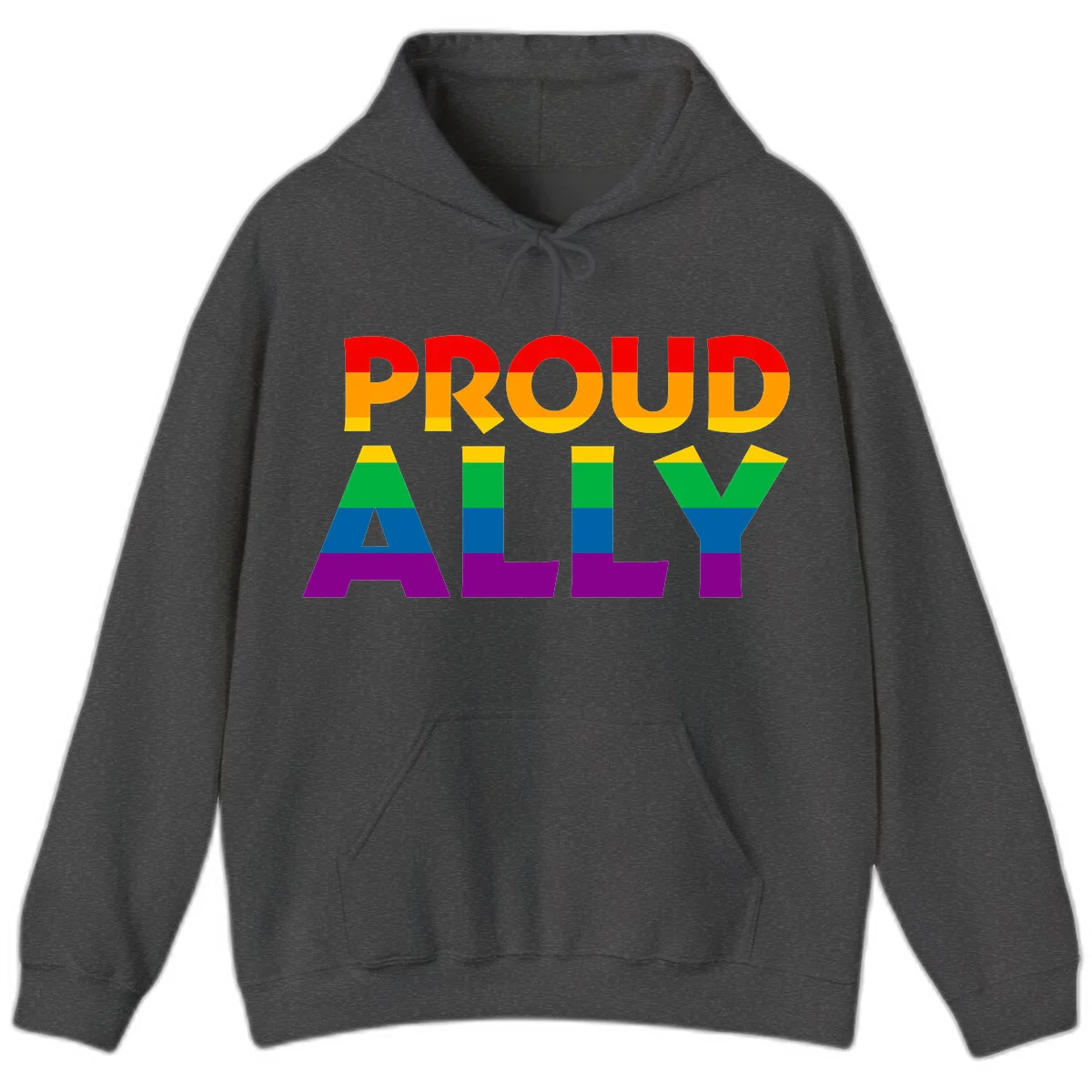 Proud Ally design with rainbow-striped letters in pride flag colors on gray background in Dark Heather