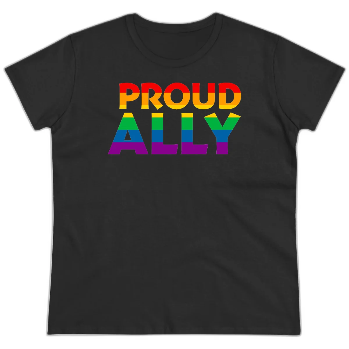 Proud Ally design with rainbow-striped letters in pride flag colors on gray background in Black