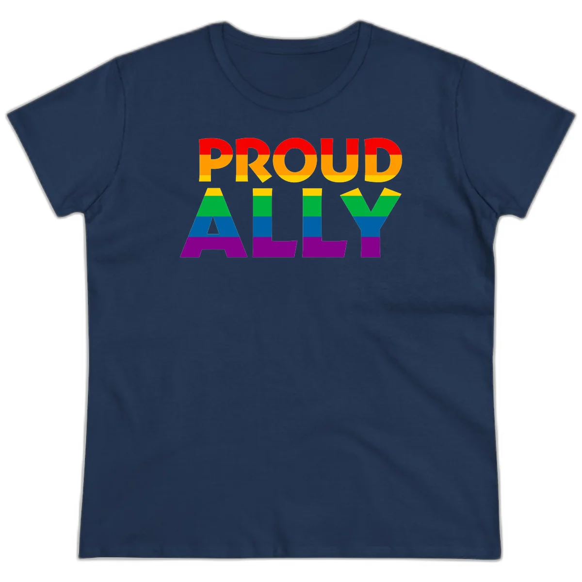 Proud Ally design with rainbow-striped letters in pride flag colors on gray background in Navy