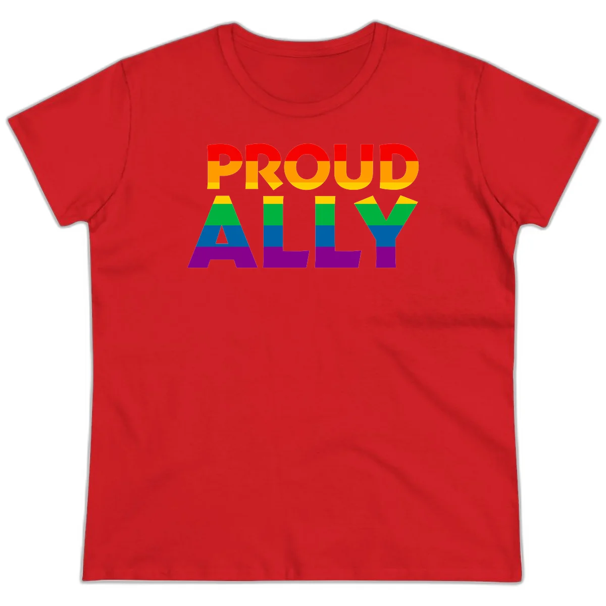 Proud Ally design with rainbow-striped letters in pride flag colors on gray background in Red