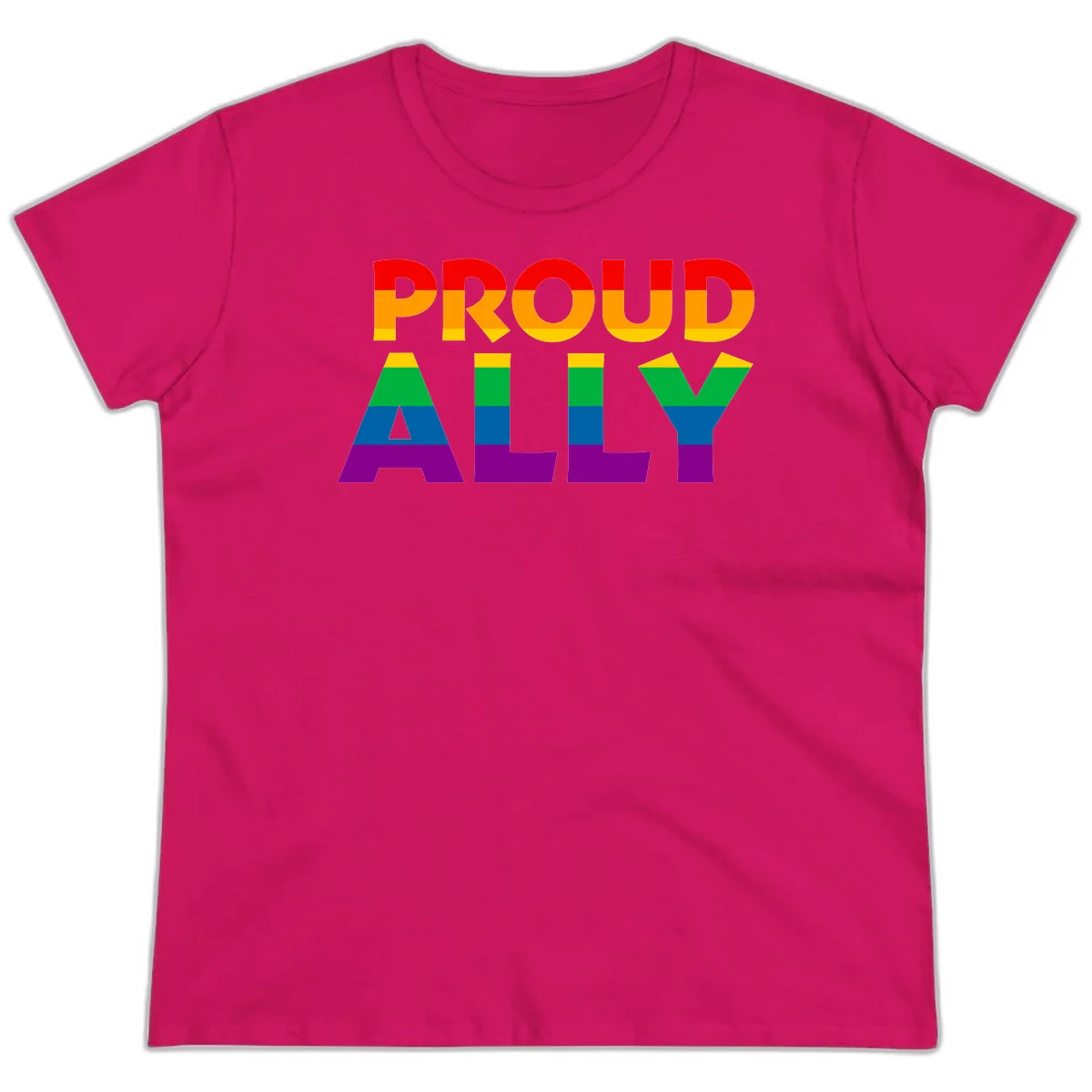Proud Ally design with rainbow-striped letters in pride flag colors on gray background in Heliconia