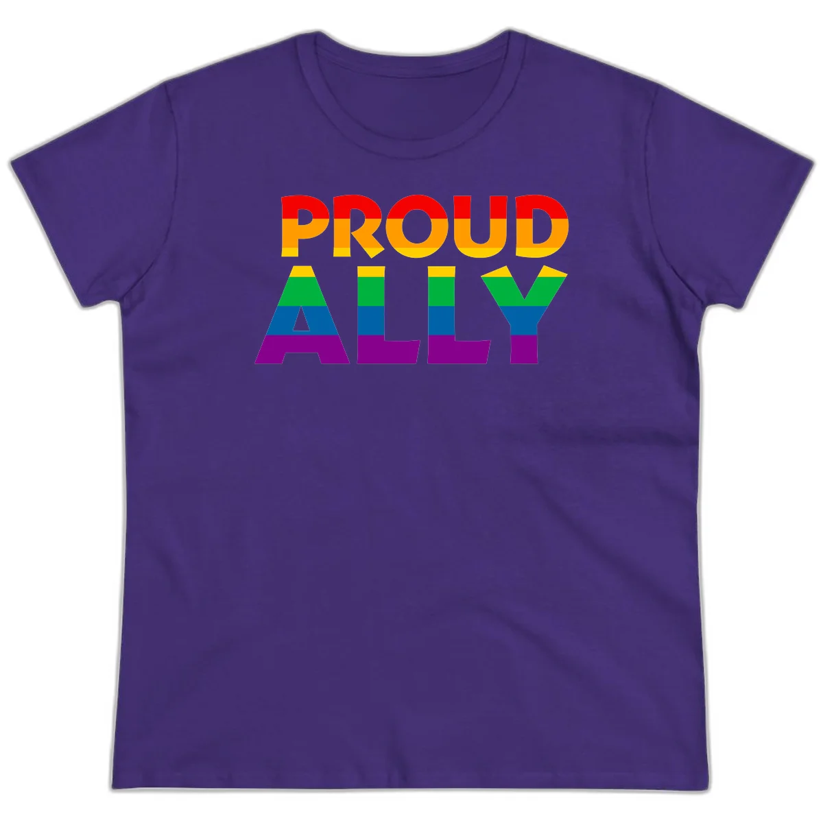 Proud Ally design with rainbow-striped letters in pride flag colors on gray background in Purple