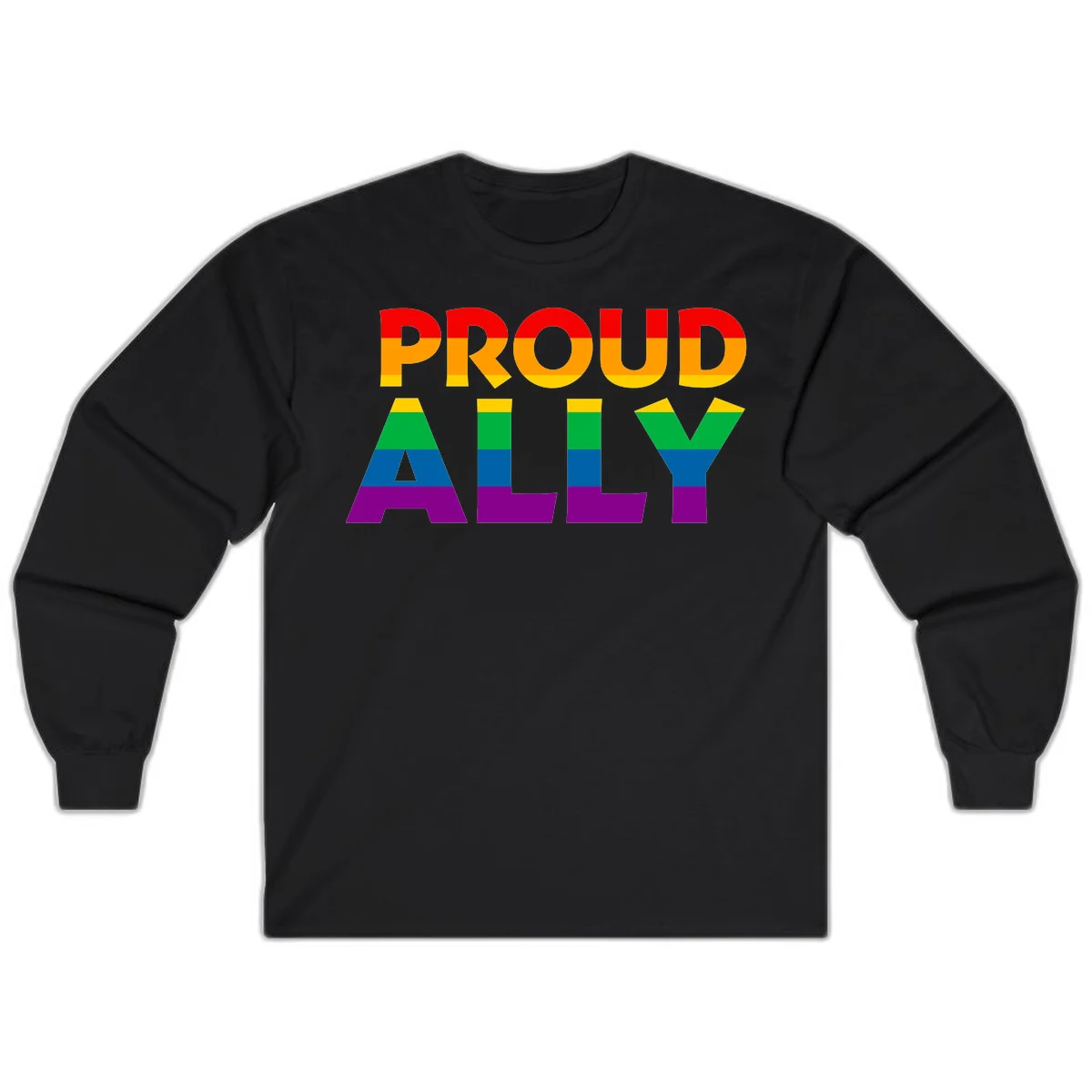 Proud Ally design with rainbow-striped letters in pride flag colors on gray background in Black
