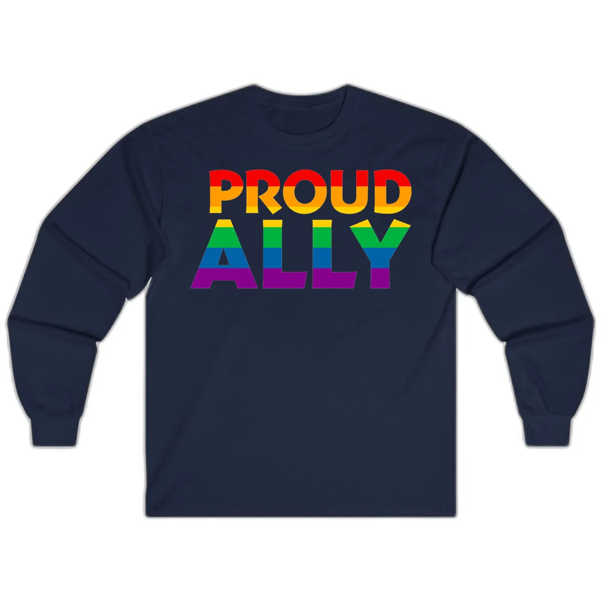 Proud Ally design with rainbow-striped letters in pride flag colors on gray background in Navy