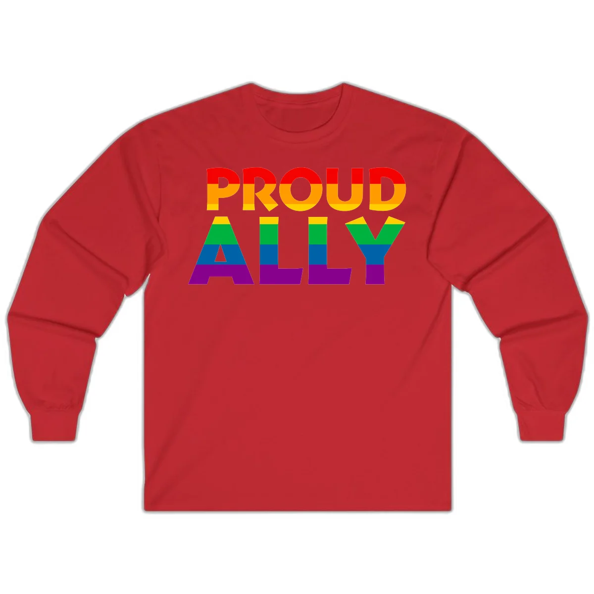 Proud Ally design with rainbow-striped letters in pride flag colors on gray background in Red