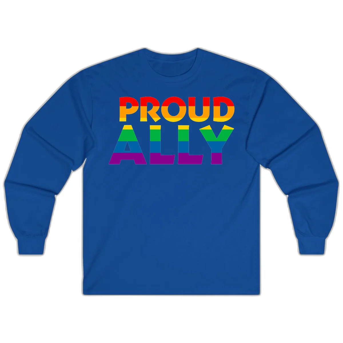 Proud Ally design with rainbow-striped letters in pride flag colors on gray background in Royal