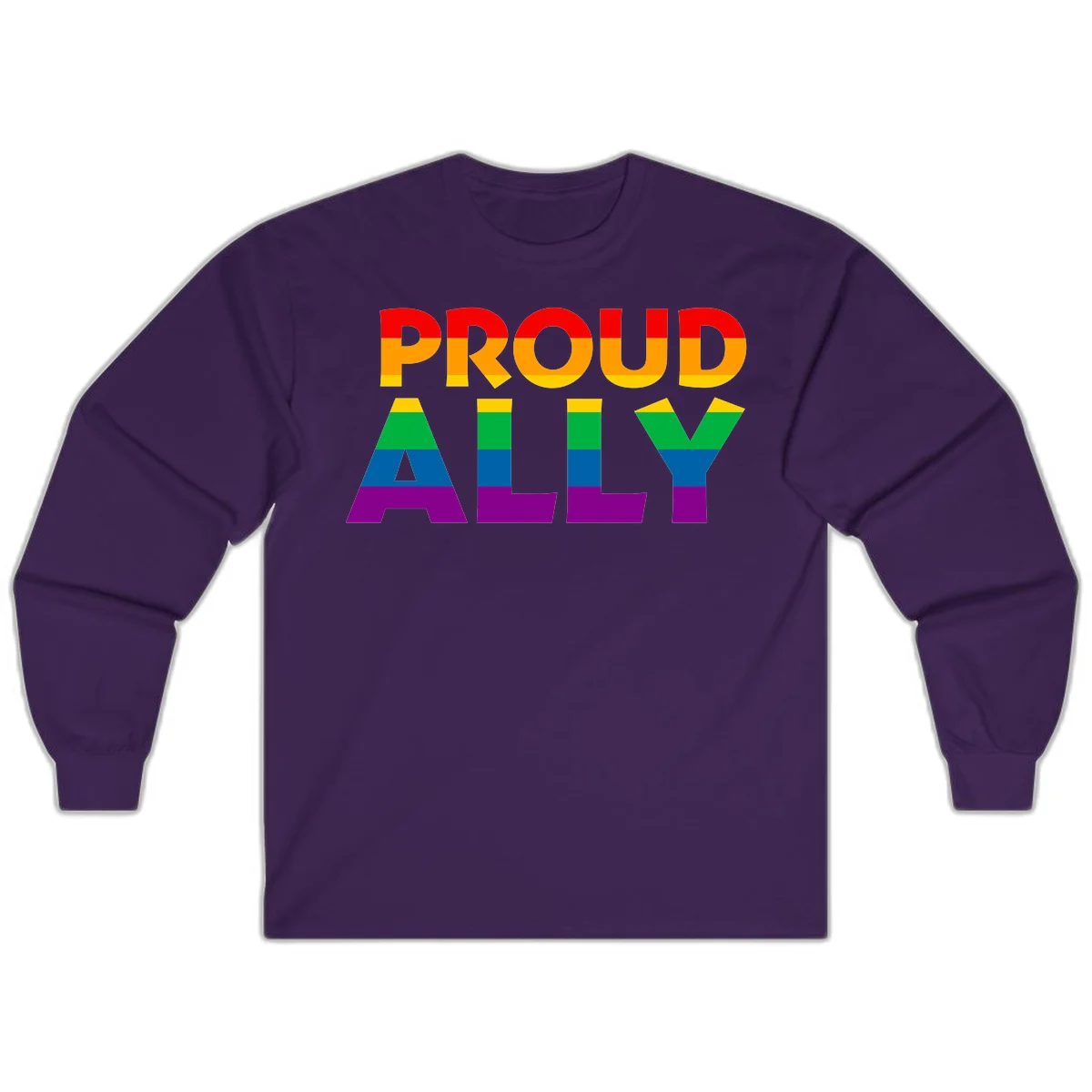 Proud Ally design with rainbow-striped letters in pride flag colors on gray background in Purple
