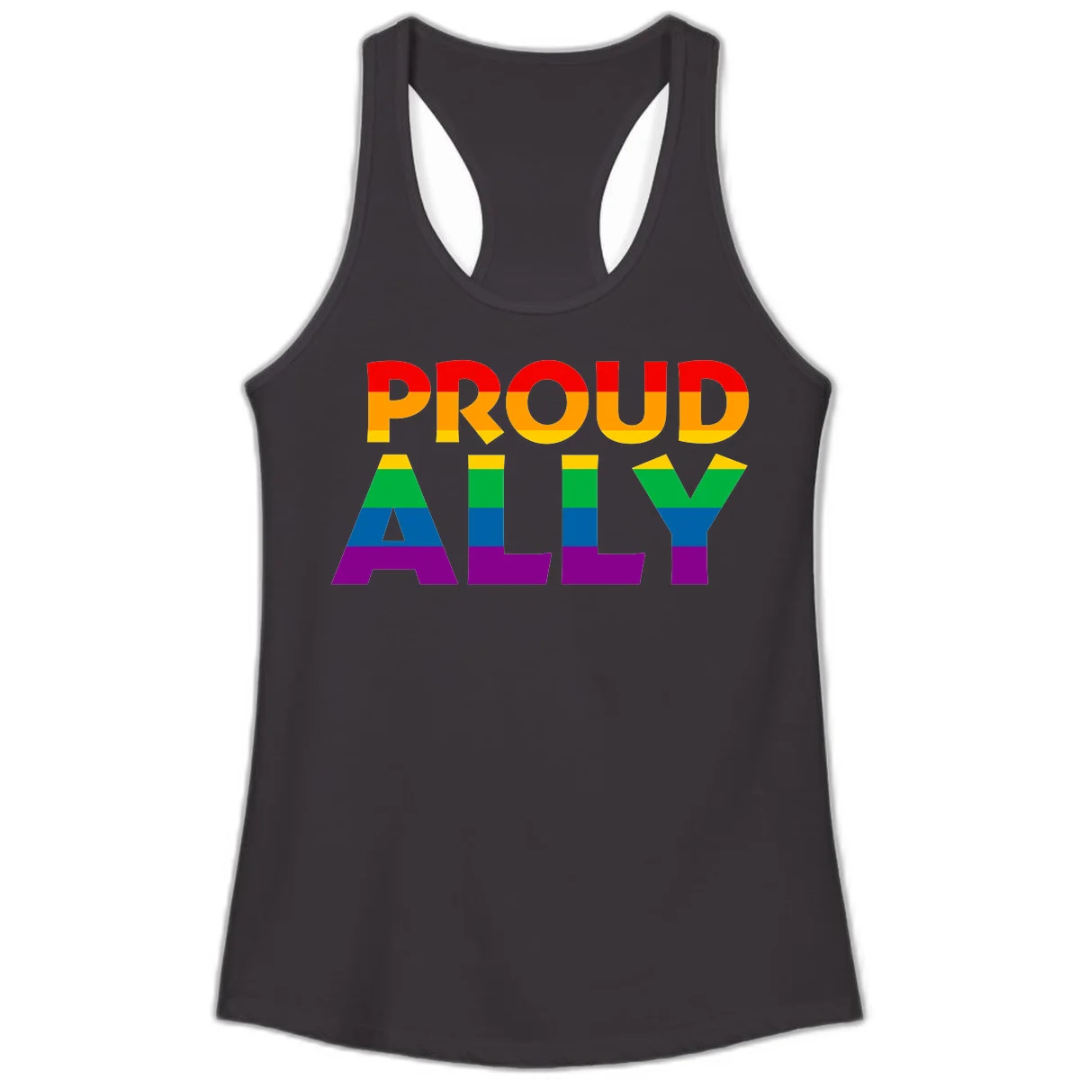Proud Ally design with rainbow-striped letters in pride flag colors on gray background in Black