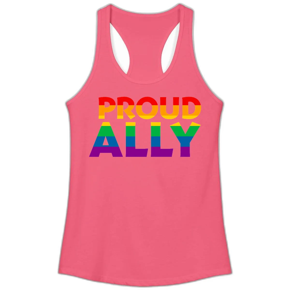 Proud Ally design with rainbow-striped letters in pride flag colors on gray background in Hot Pink