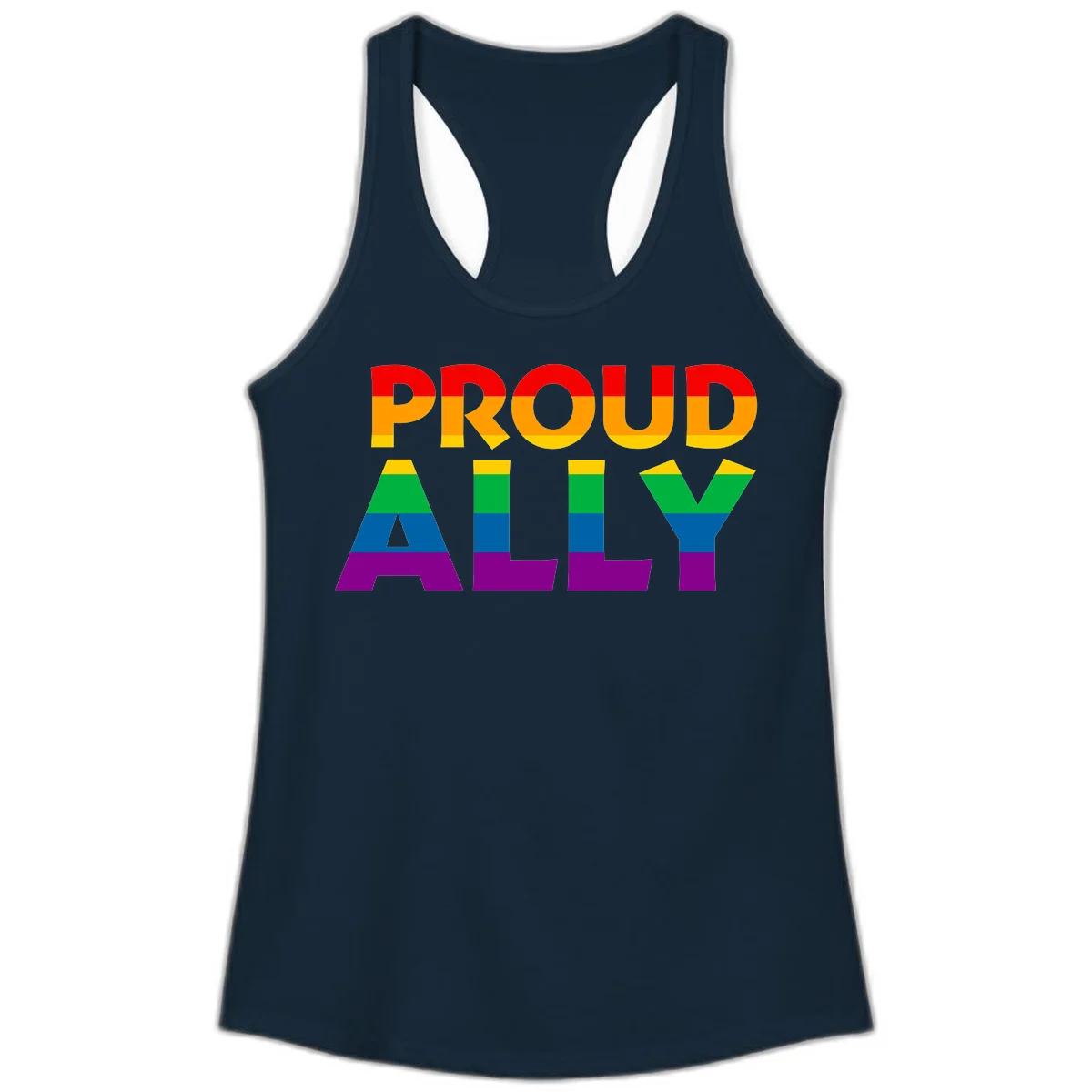 Proud Ally design with rainbow-striped letters in pride flag colors on gray background in Solid Midnight Navy