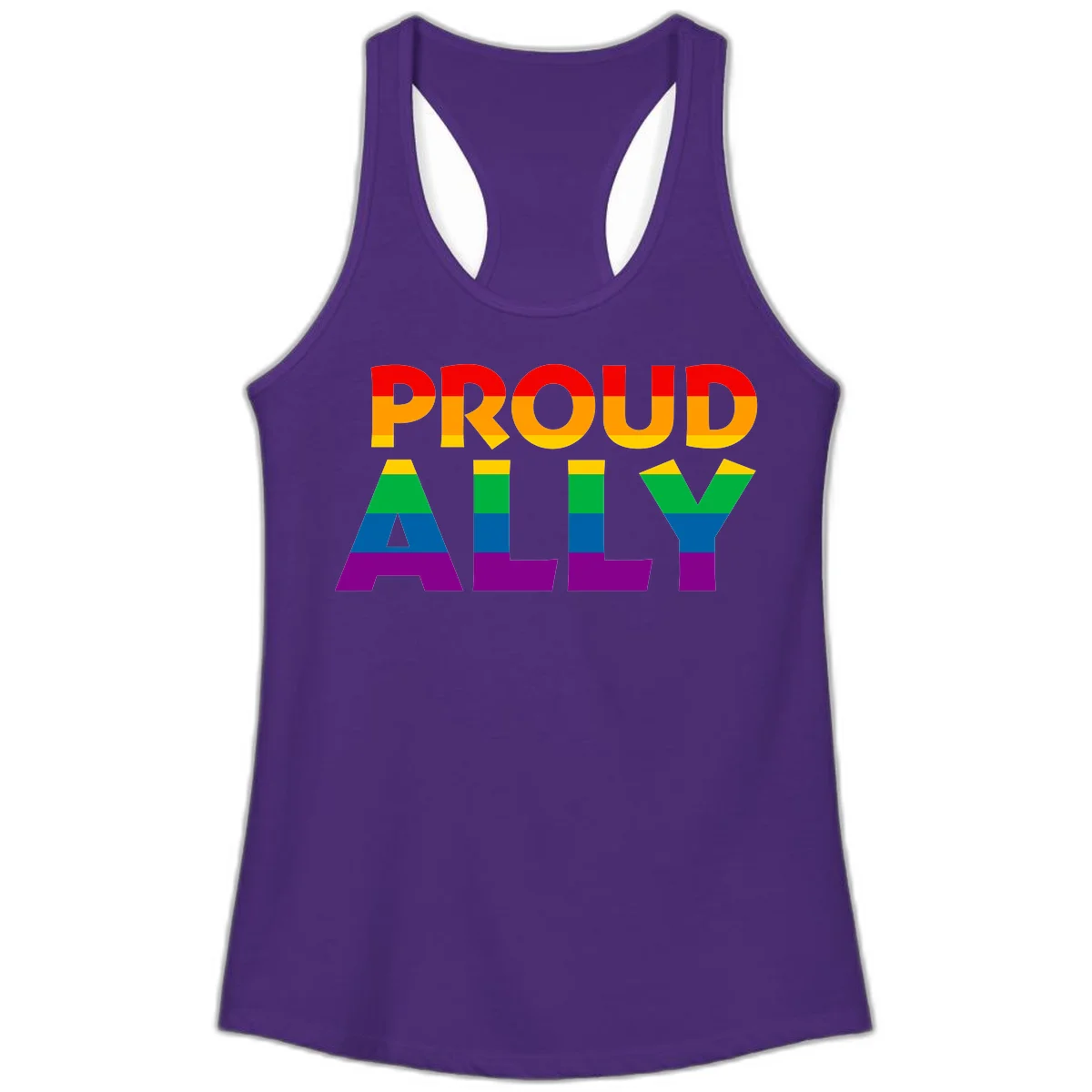 Proud Ally design with rainbow-striped letters in pride flag colors on gray background in Solid Purple Rush