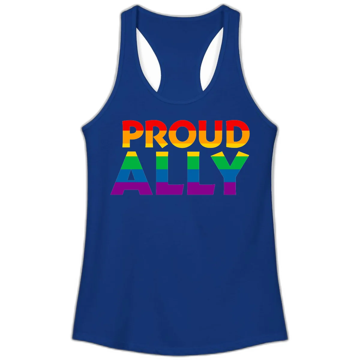 Proud Ally design with rainbow-striped letters in pride flag colors on gray background in Solid Royal