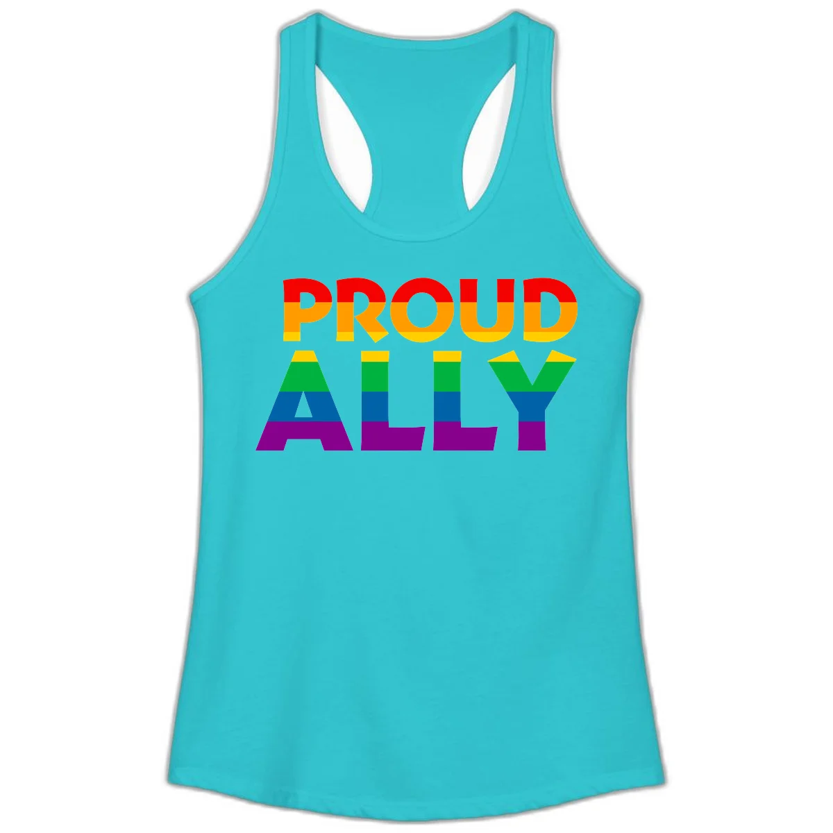 Proud Ally design with rainbow-striped letters in pride flag colors on gray background in Solid Tahiti Blue