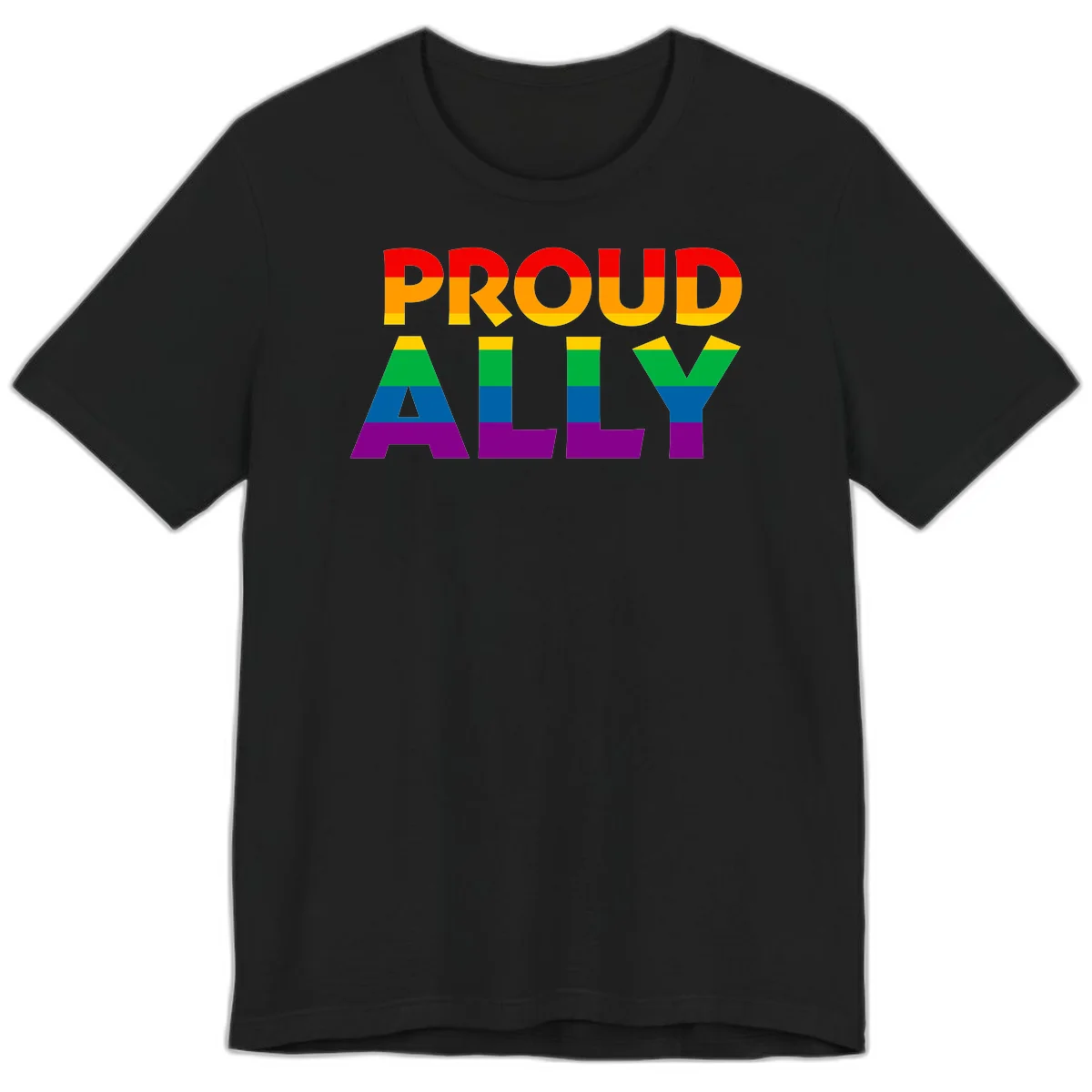 Proud Ally design with rainbow-striped letters in pride flag colors on gray background in Black