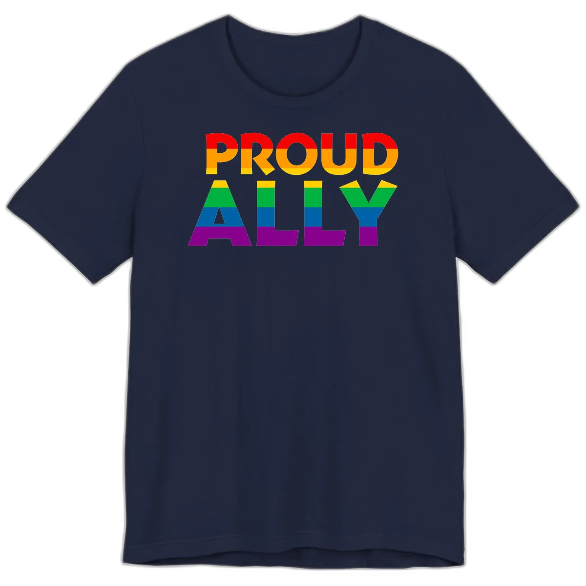 Proud Ally design with rainbow-striped letters in pride flag colors on gray background in Navy