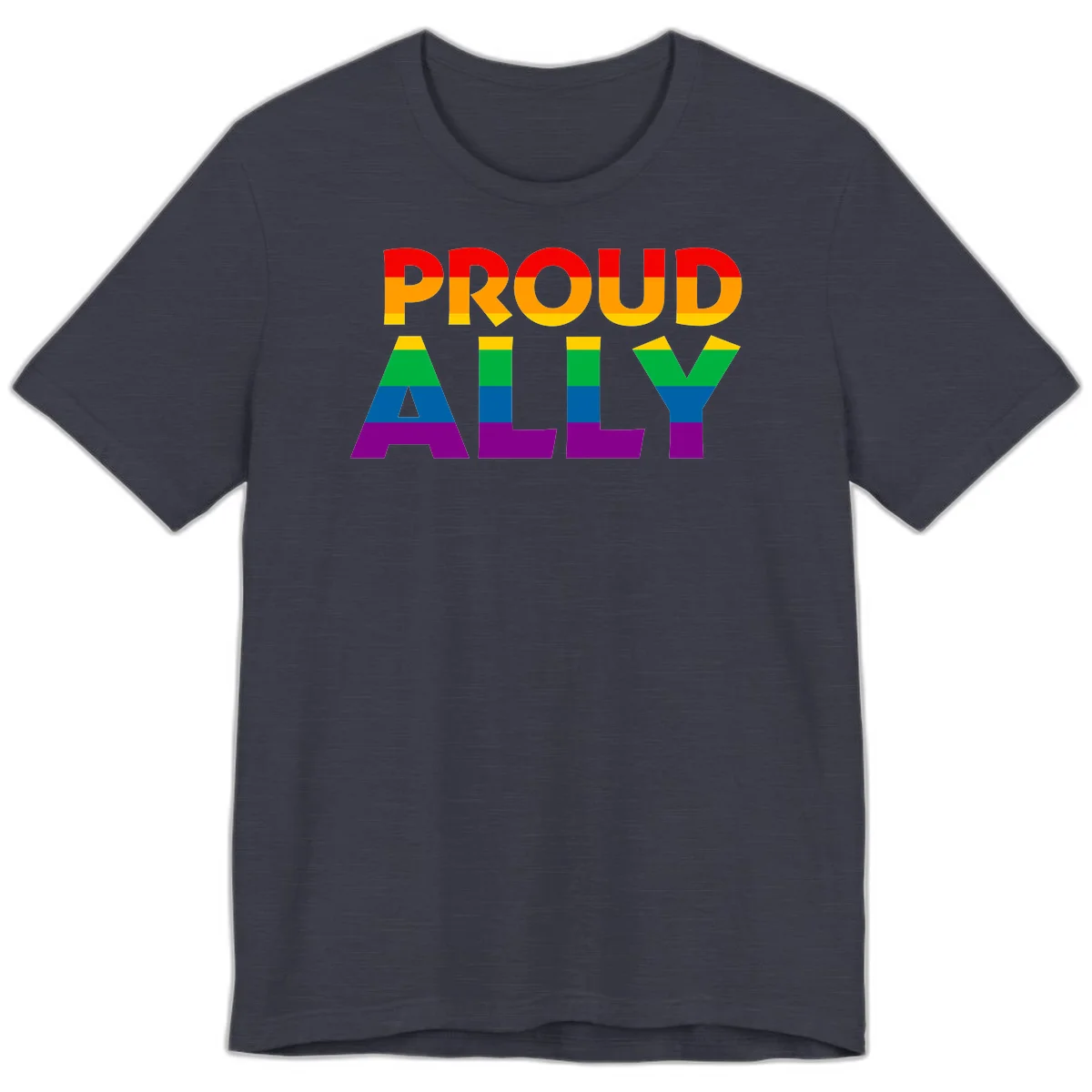 Proud Ally design with rainbow-striped letters in pride flag colors on gray background in Heather Midnight Navy