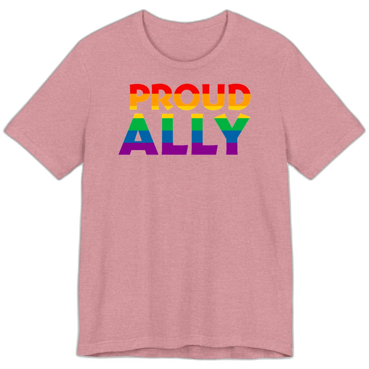 Proud Ally design with rainbow-striped letters in pride flag colors on gray background in Heather Orchid