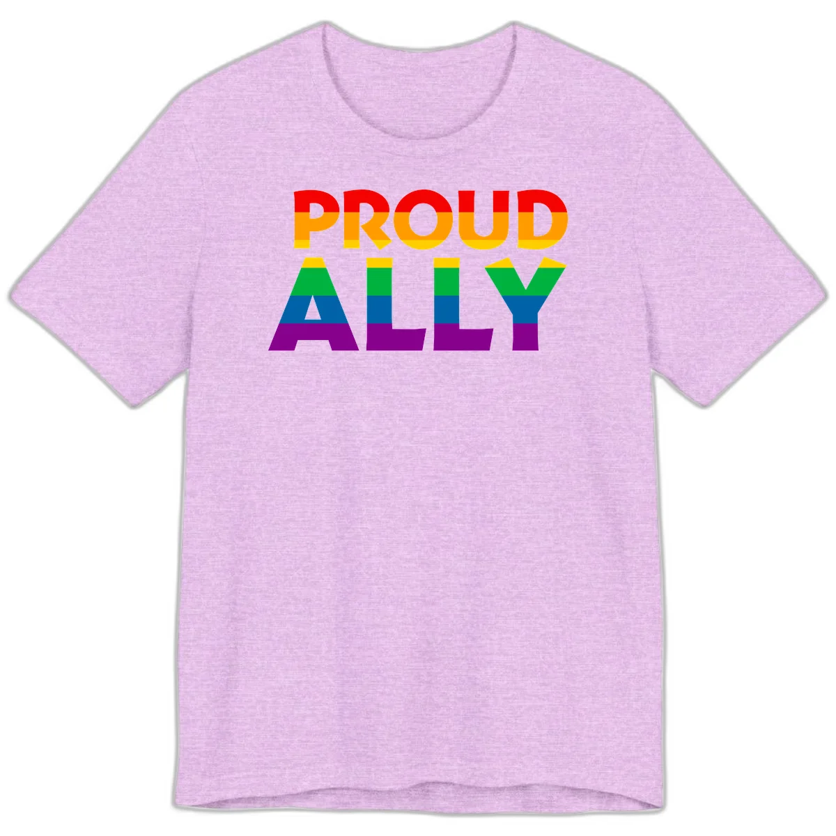 Proud Ally design with rainbow-striped letters in pride flag colors on gray background in Heather Prism Lilac