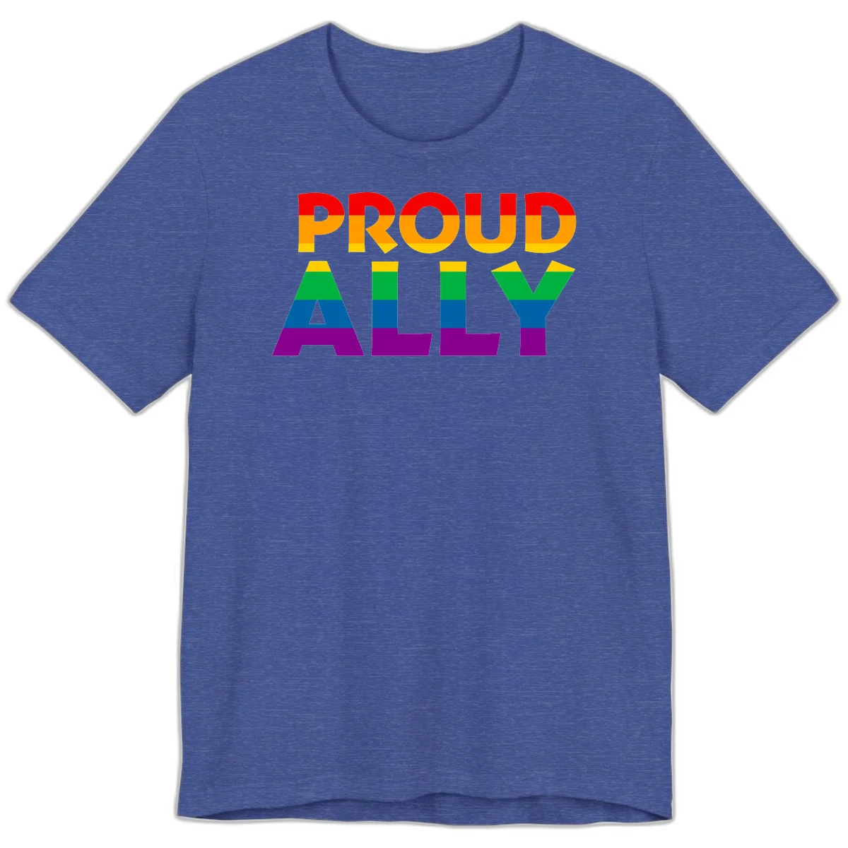 Proud Ally design with rainbow-striped letters in pride flag colors on gray background in Heather True Royal