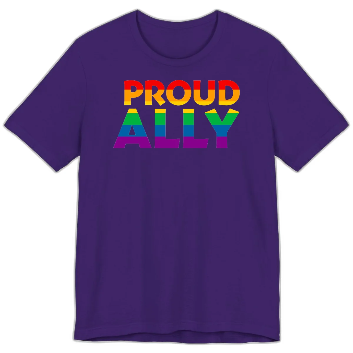 Proud Ally design with rainbow-striped letters in pride flag colors on gray background in Team Purple