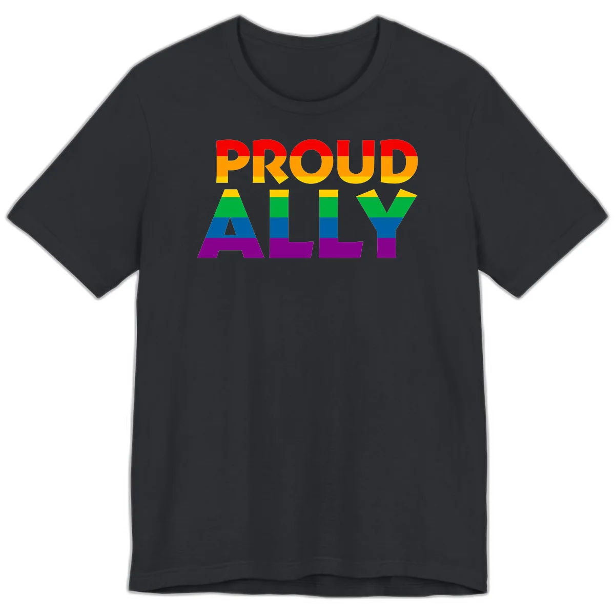 Proud Ally design with rainbow-striped letters in pride flag colors on gray background in Vintage Black