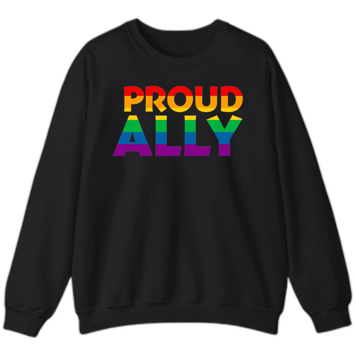 Proud Ally design with rainbow-striped letters in pride flag colors on gray background in Black