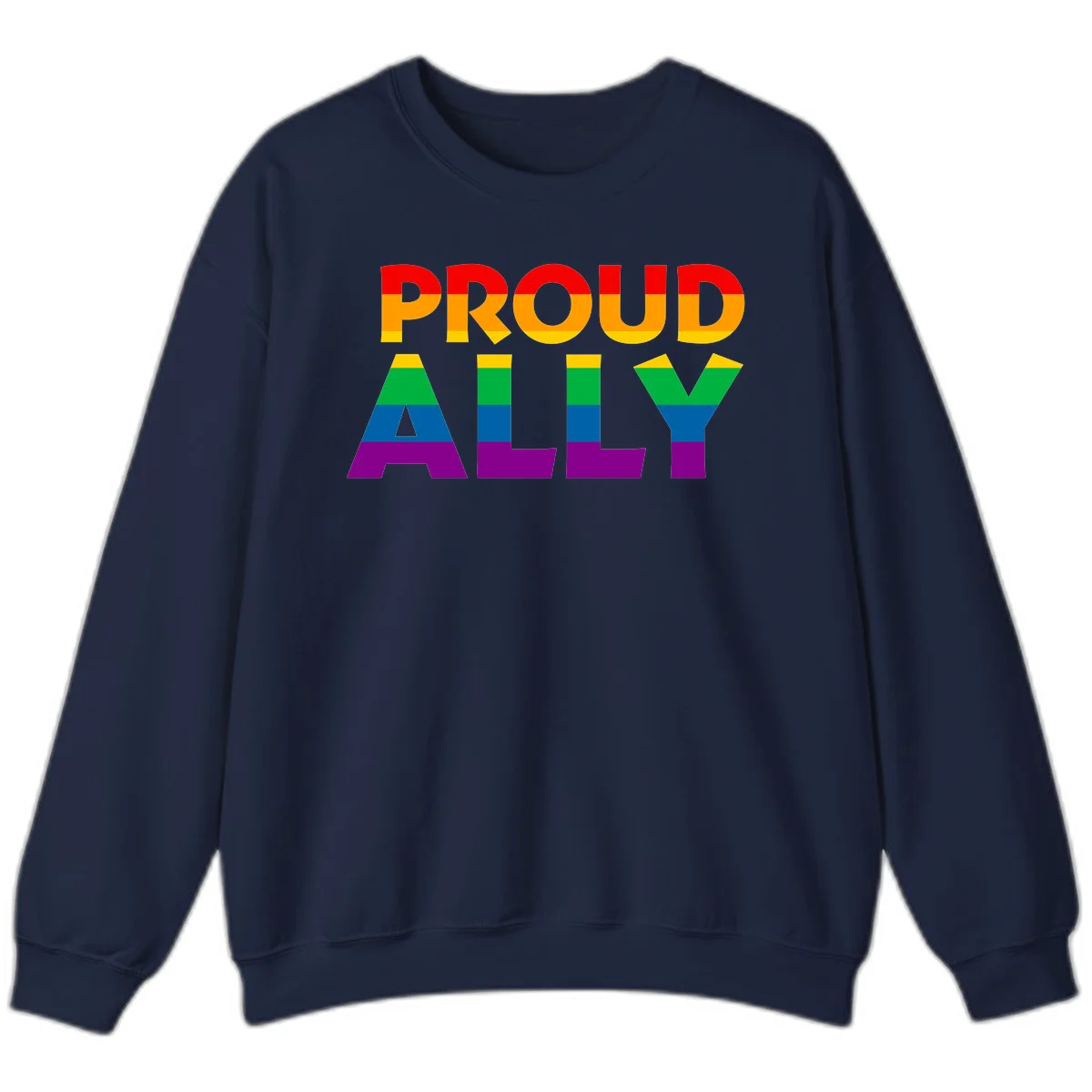 Proud Ally design with rainbow-striped letters in pride flag colors on gray background in Navy