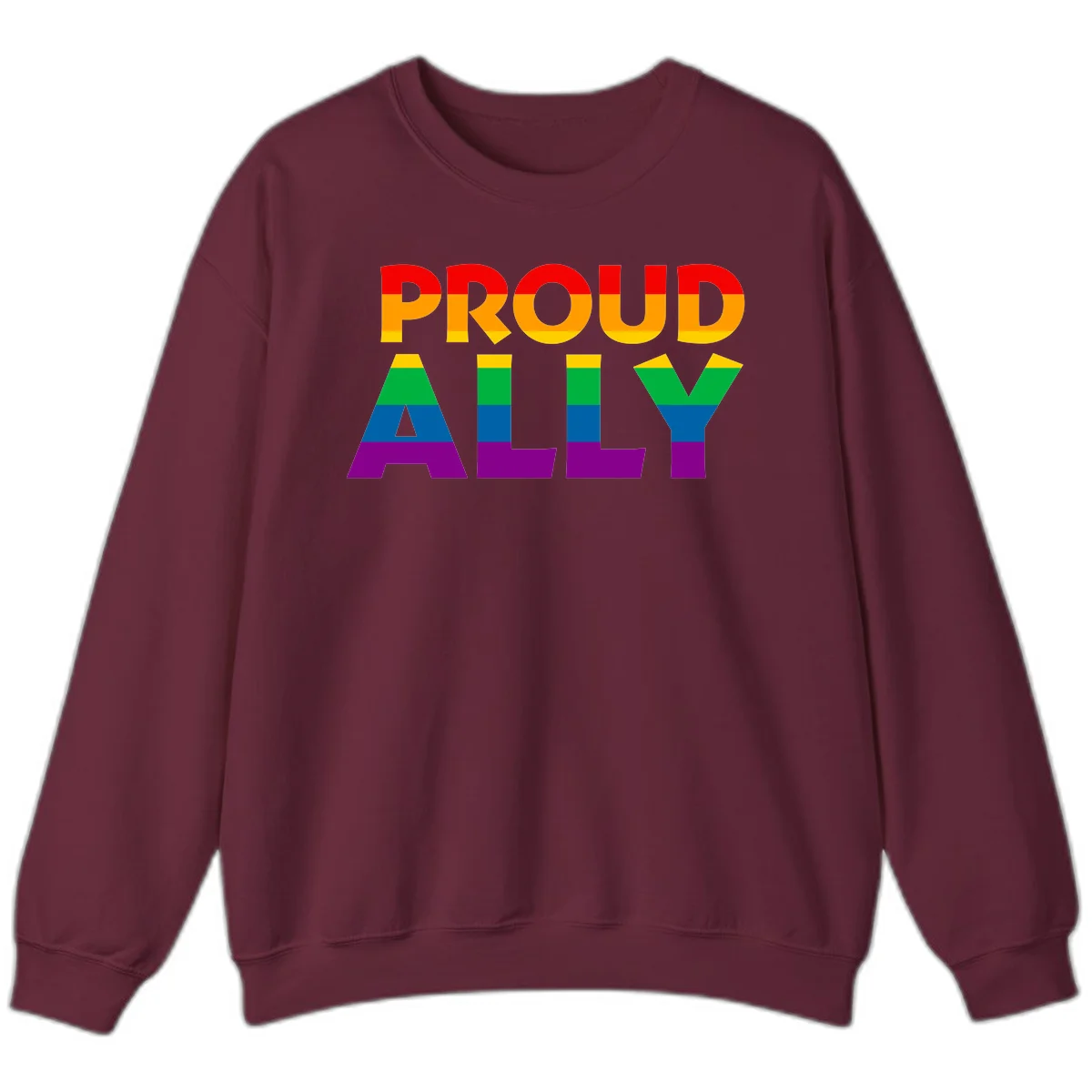 Proud Ally design with rainbow-striped letters in pride flag colors on gray background in Maroon