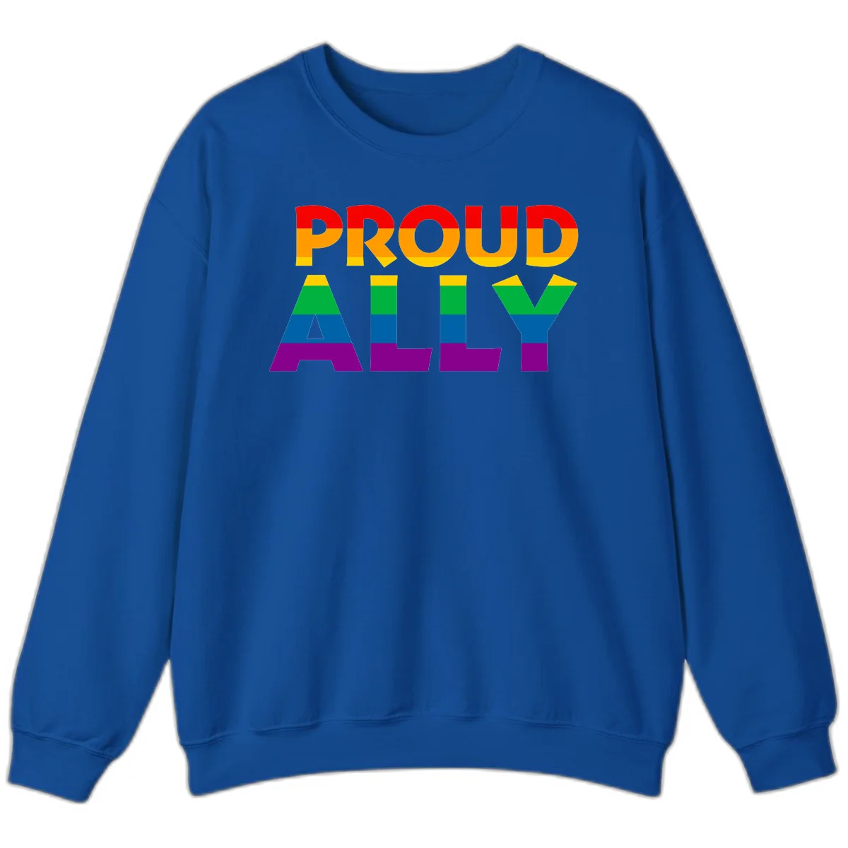 Proud Ally design with rainbow-striped letters in pride flag colors on gray background in Royal