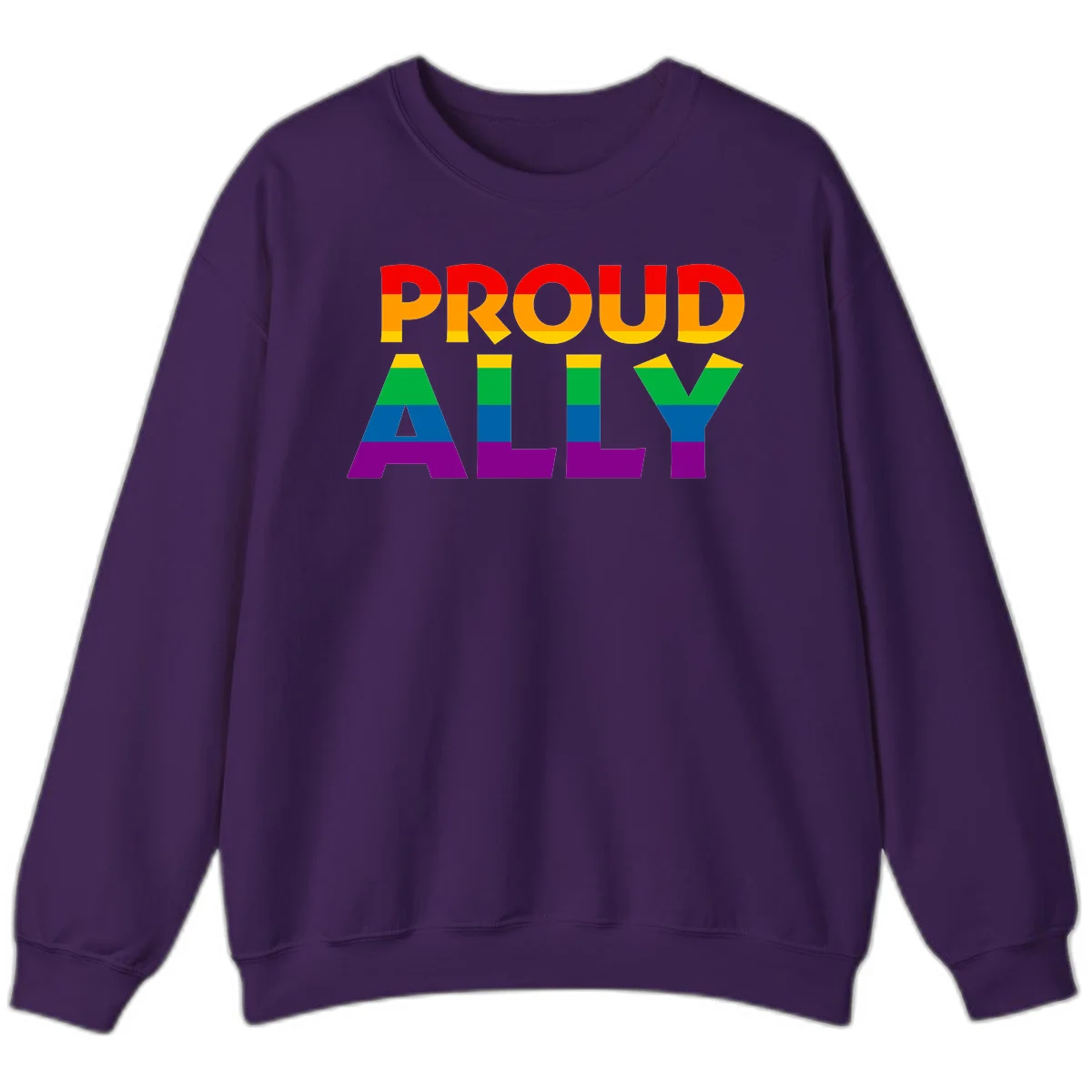 Proud Ally design with rainbow-striped letters in pride flag colors on gray background in Purple