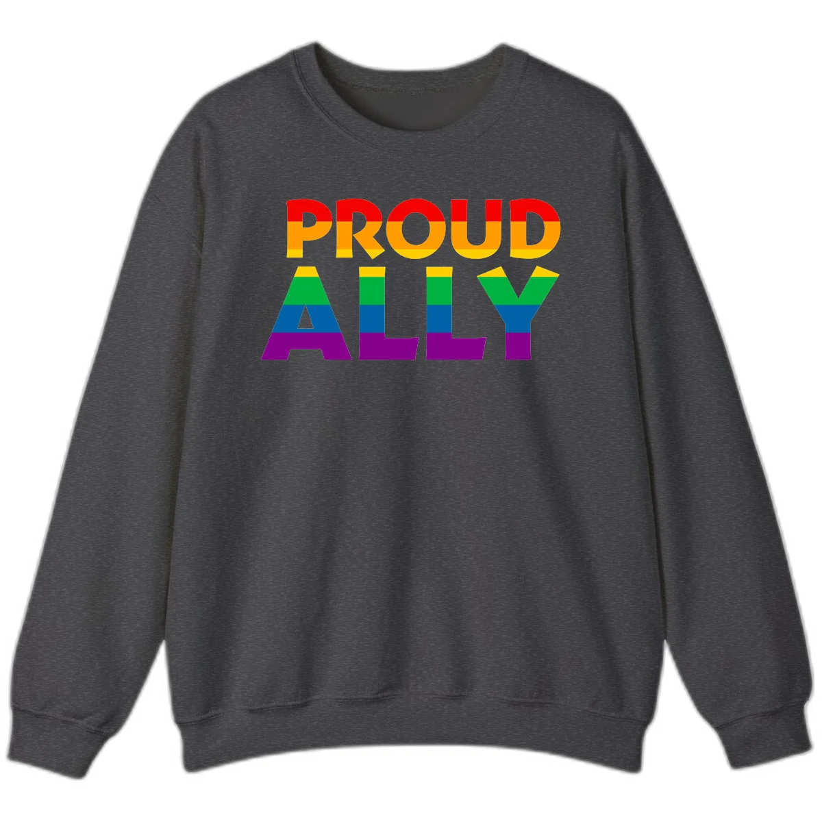 Proud Ally design with rainbow-striped letters in pride flag colors on gray background in Dark Heather