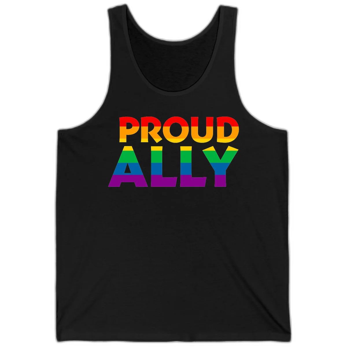 Proud Ally design with rainbow-striped letters in pride flag colors on gray background in Black
