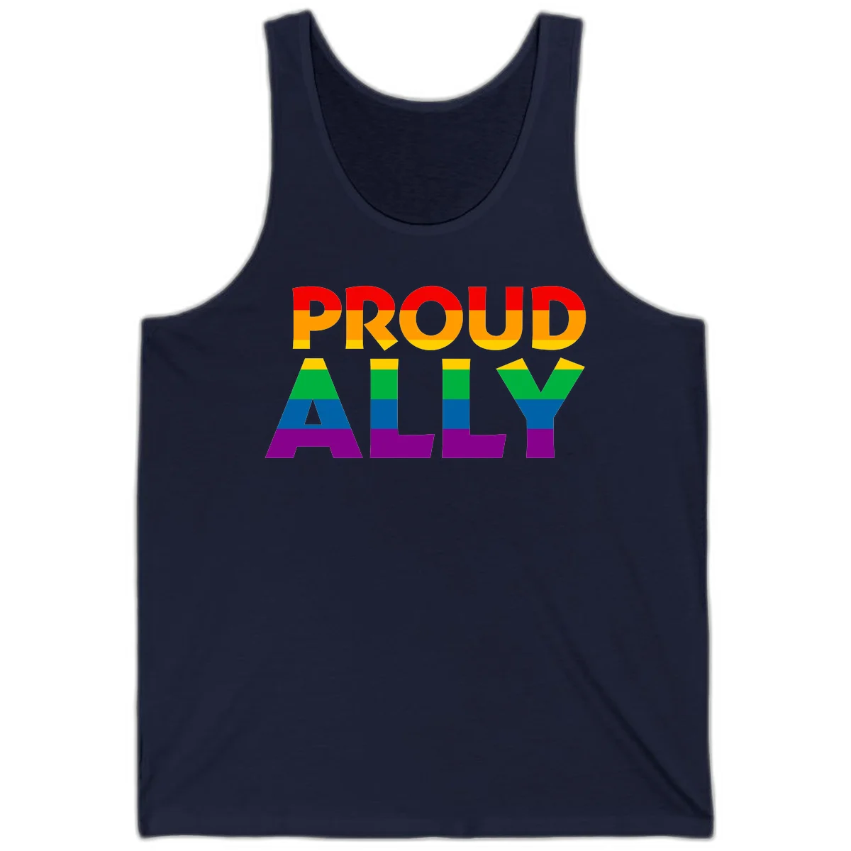 Proud Ally design with rainbow-striped letters in pride flag colors on gray background in Navy