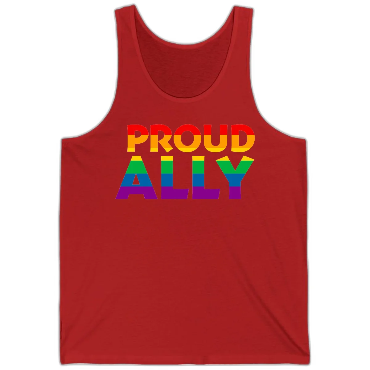 Proud Ally design with rainbow-striped letters in pride flag colors on gray background in Red