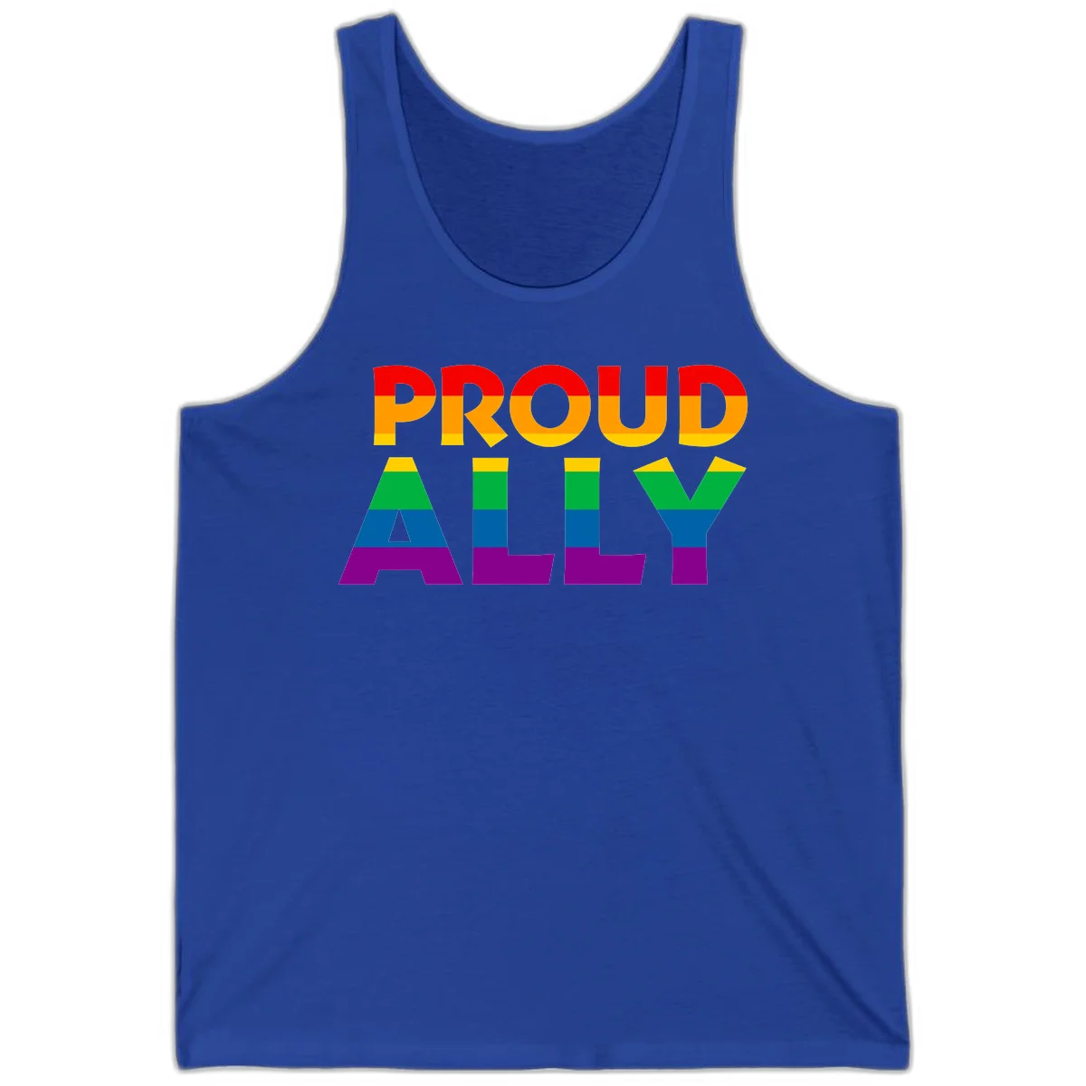 Proud Ally design with rainbow-striped letters in pride flag colors on gray background in True Royal