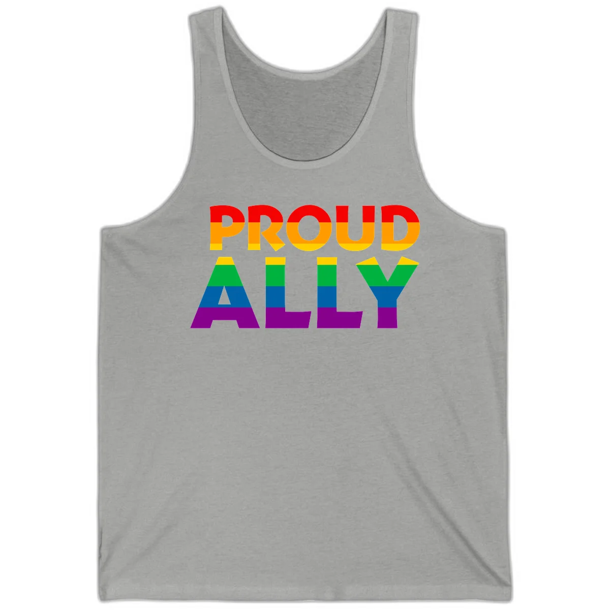 Proud Ally design with rainbow-striped letters in pride flag colors on gray background in Athletic Heather