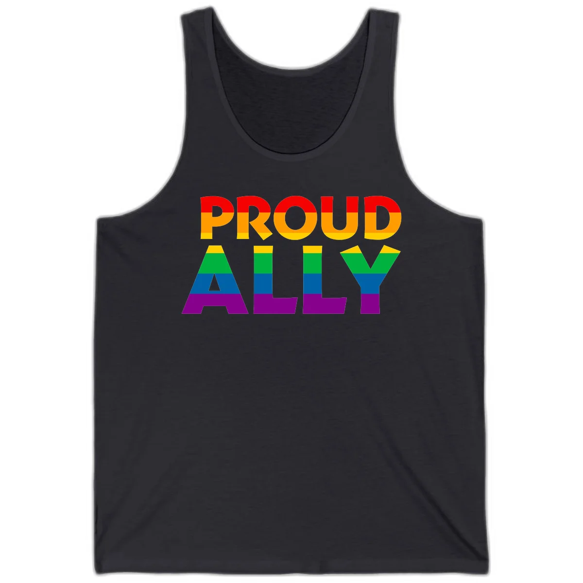 Proud Ally design with rainbow-striped letters in pride flag colors on gray background in Dark Grey