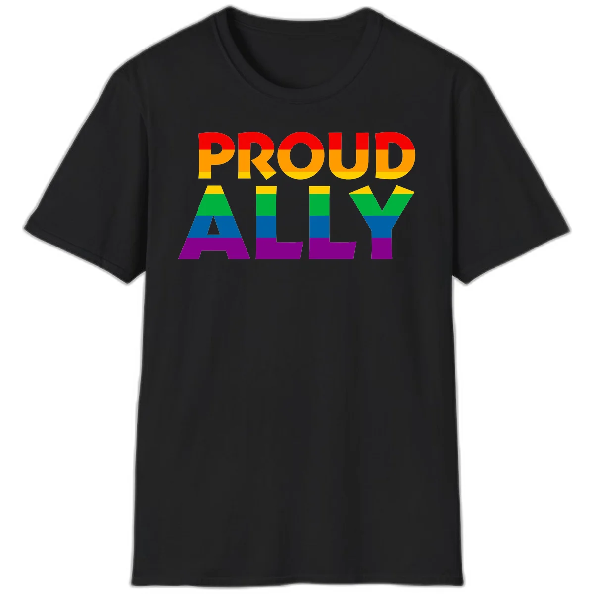 Proud Ally design with rainbow-striped letters in pride flag colors on gray background in Black