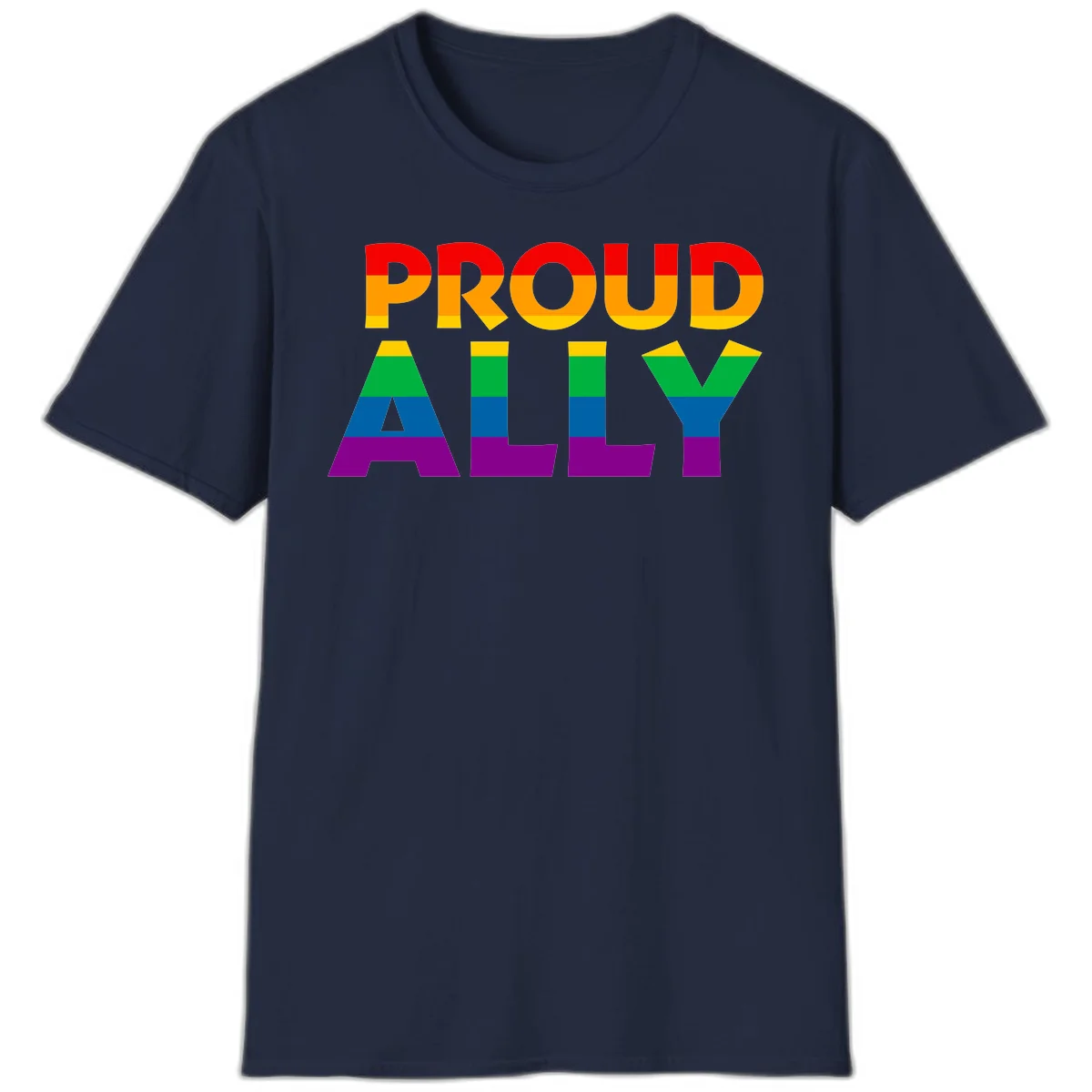 Proud Ally design with rainbow-striped letters in pride flag colors on gray background in Navy