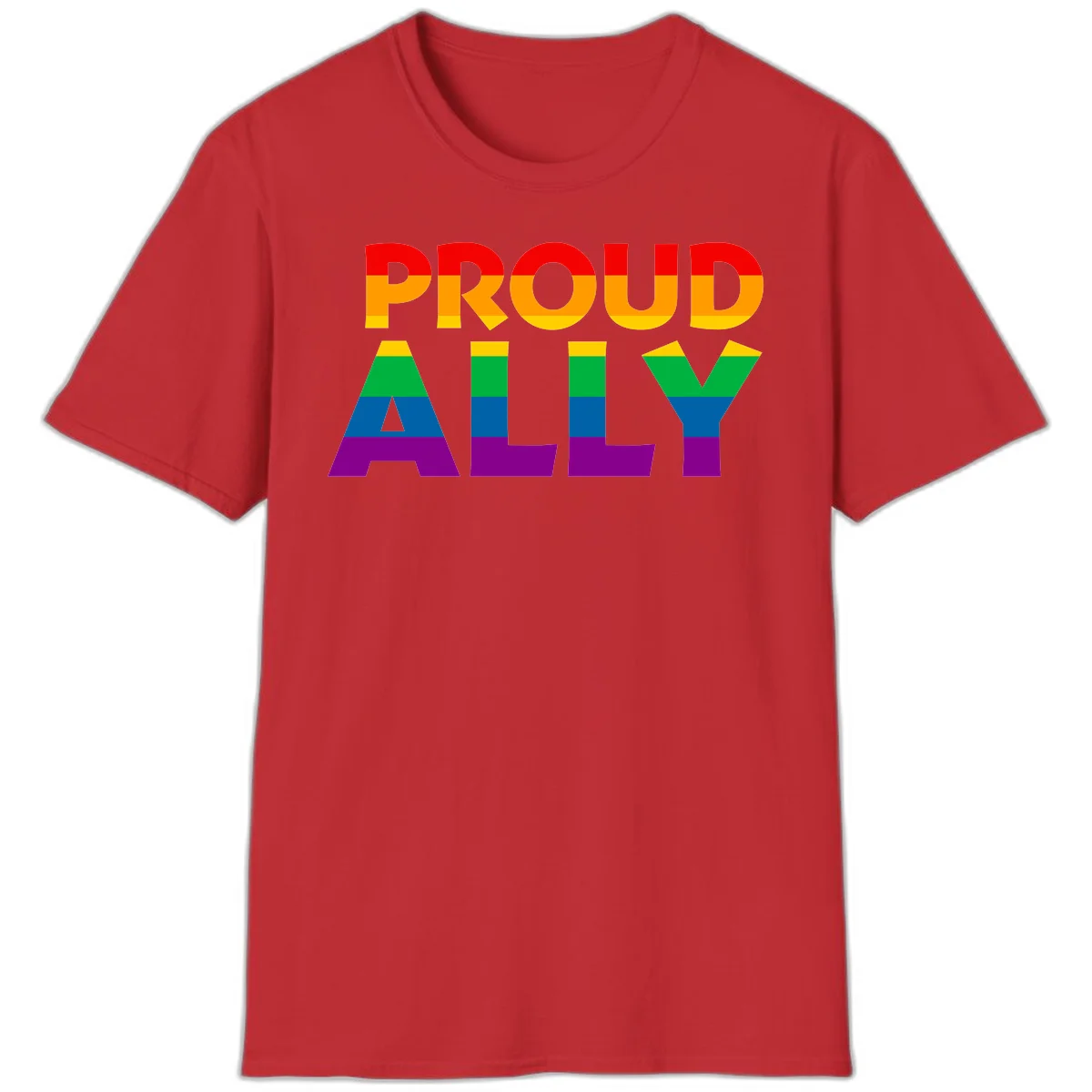 Proud Ally design with rainbow-striped letters in pride flag colors on gray background in Red