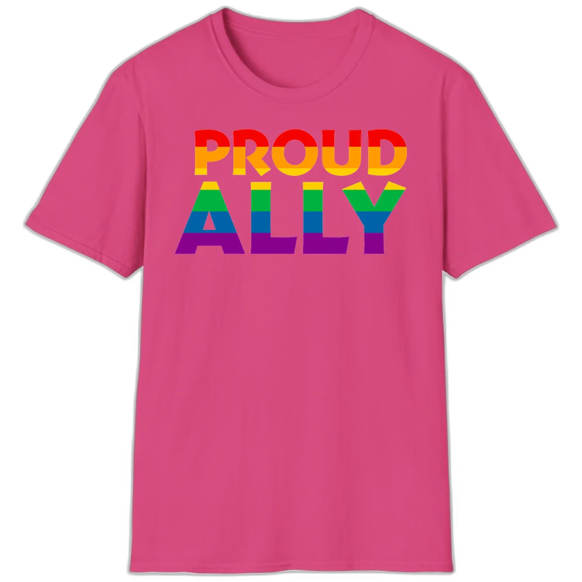 Proud Ally design with rainbow-striped letters in pride flag colors on gray background in Heliconia