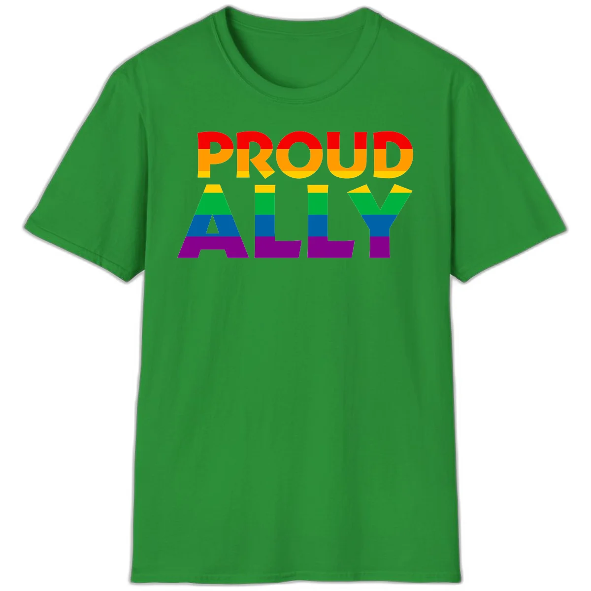 Proud Ally design with rainbow-striped letters in pride flag colors on gray background in Irish Green