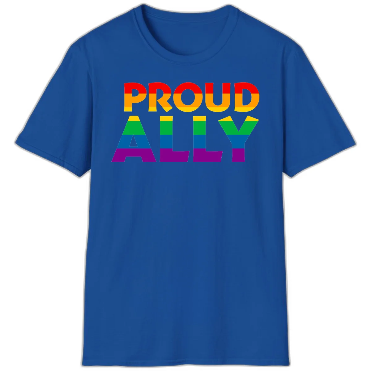 Proud Ally design with rainbow-striped letters in pride flag colors on gray background in Royal