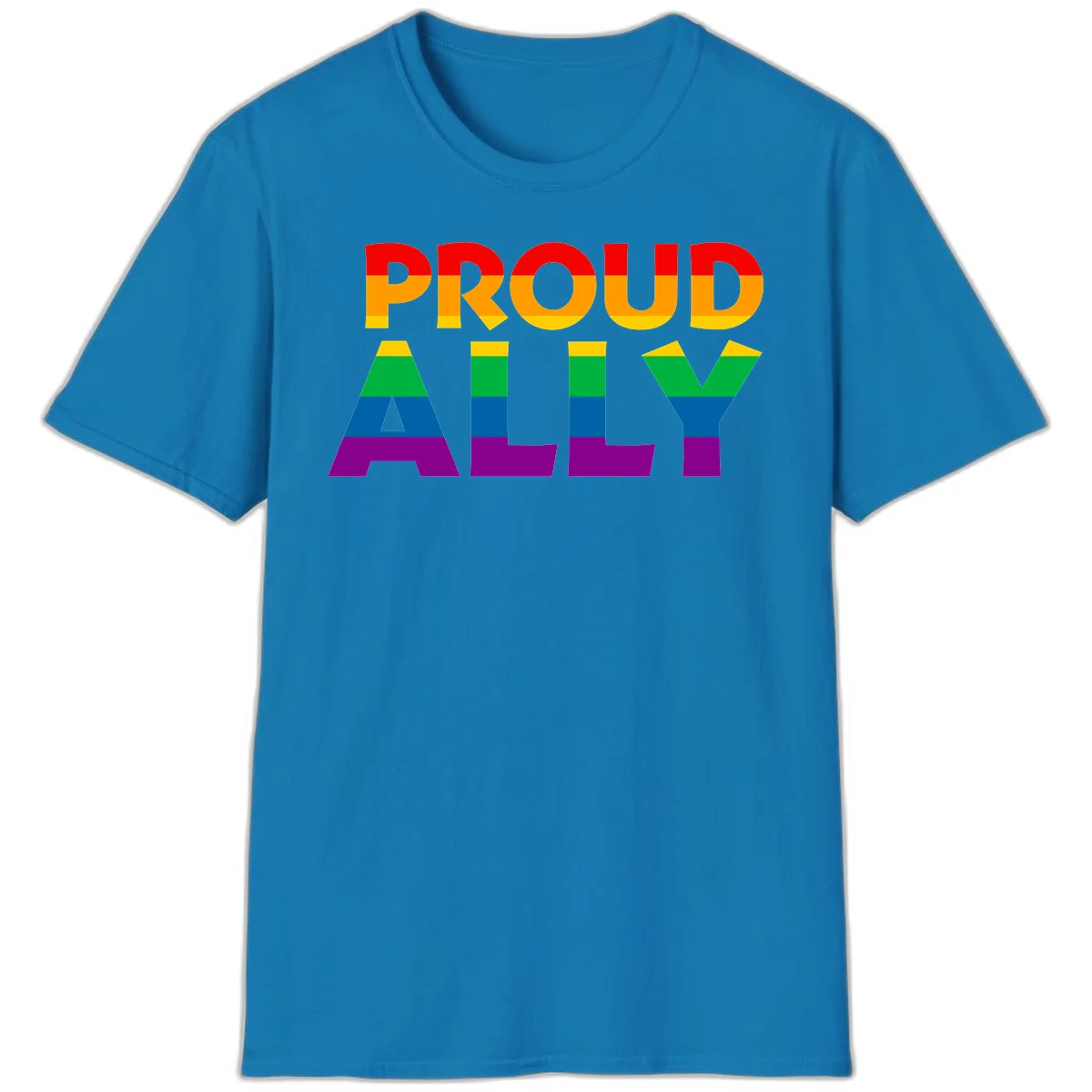 Proud Ally design with rainbow-striped letters in pride flag colors on gray background in Sapphire