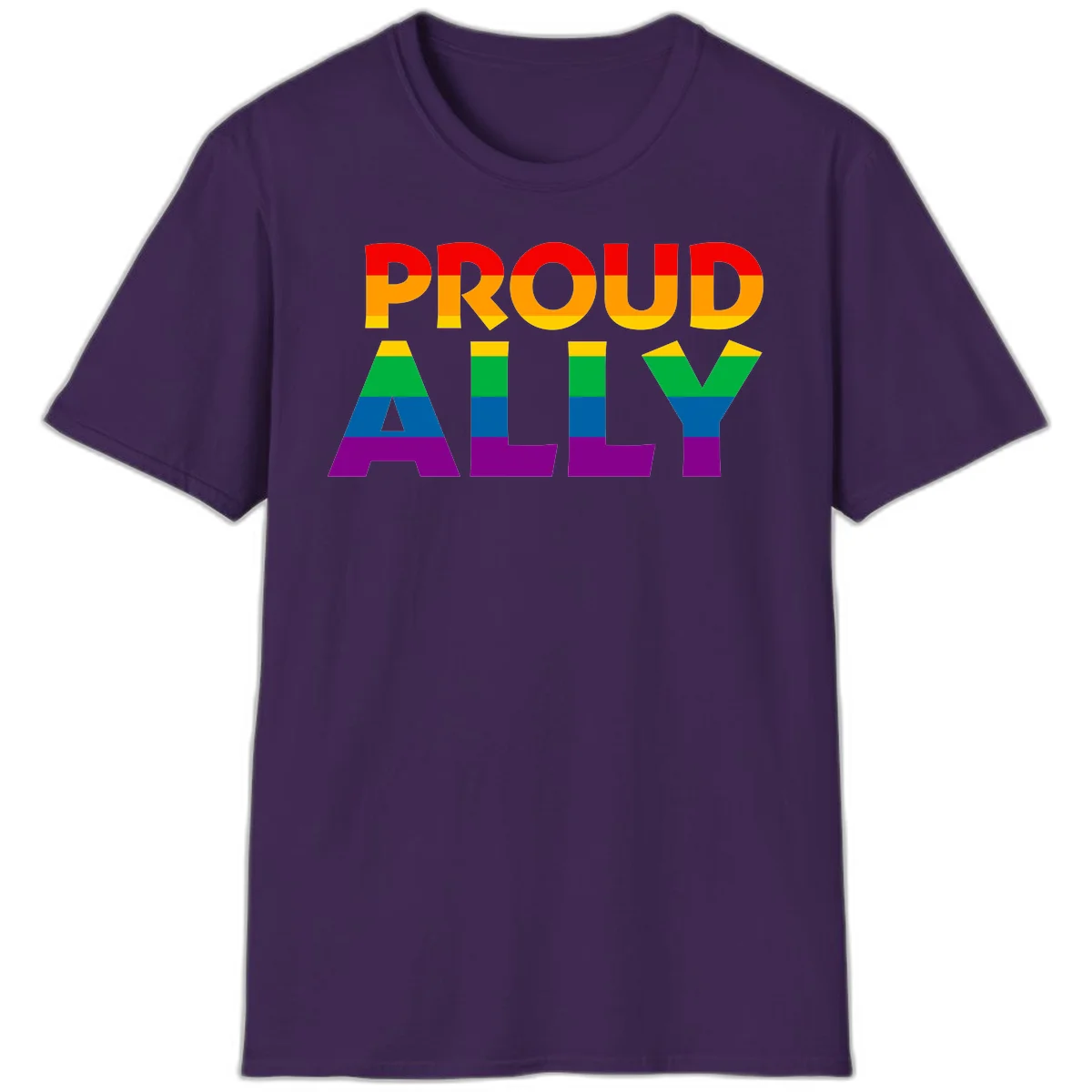 Proud Ally design with rainbow-striped letters in pride flag colors on gray background in Purple